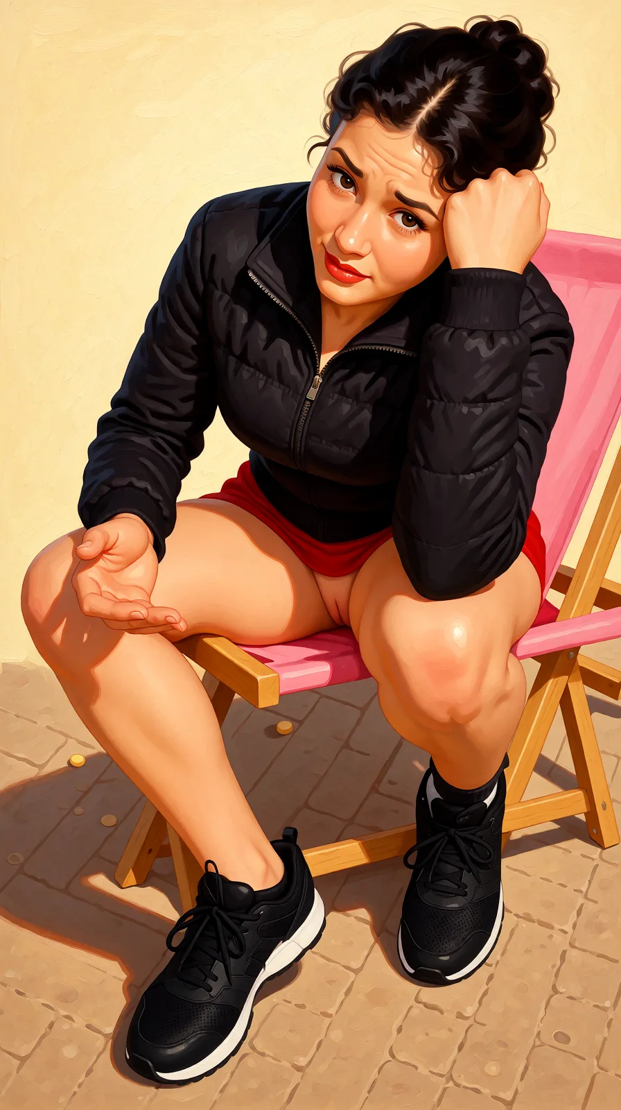 Redraw the entire picture as a retro pin-up illustration: smooth airbrushed gouache paint, warm saturated mid-century colour, clean confident outlines and glamorous stylised features, in the look of a 1950s pin-up poster. The background is painted in the same style. Nothing in the frame keeps its photographic appearance. Above all, the picture must show: nude, shaved pussy.