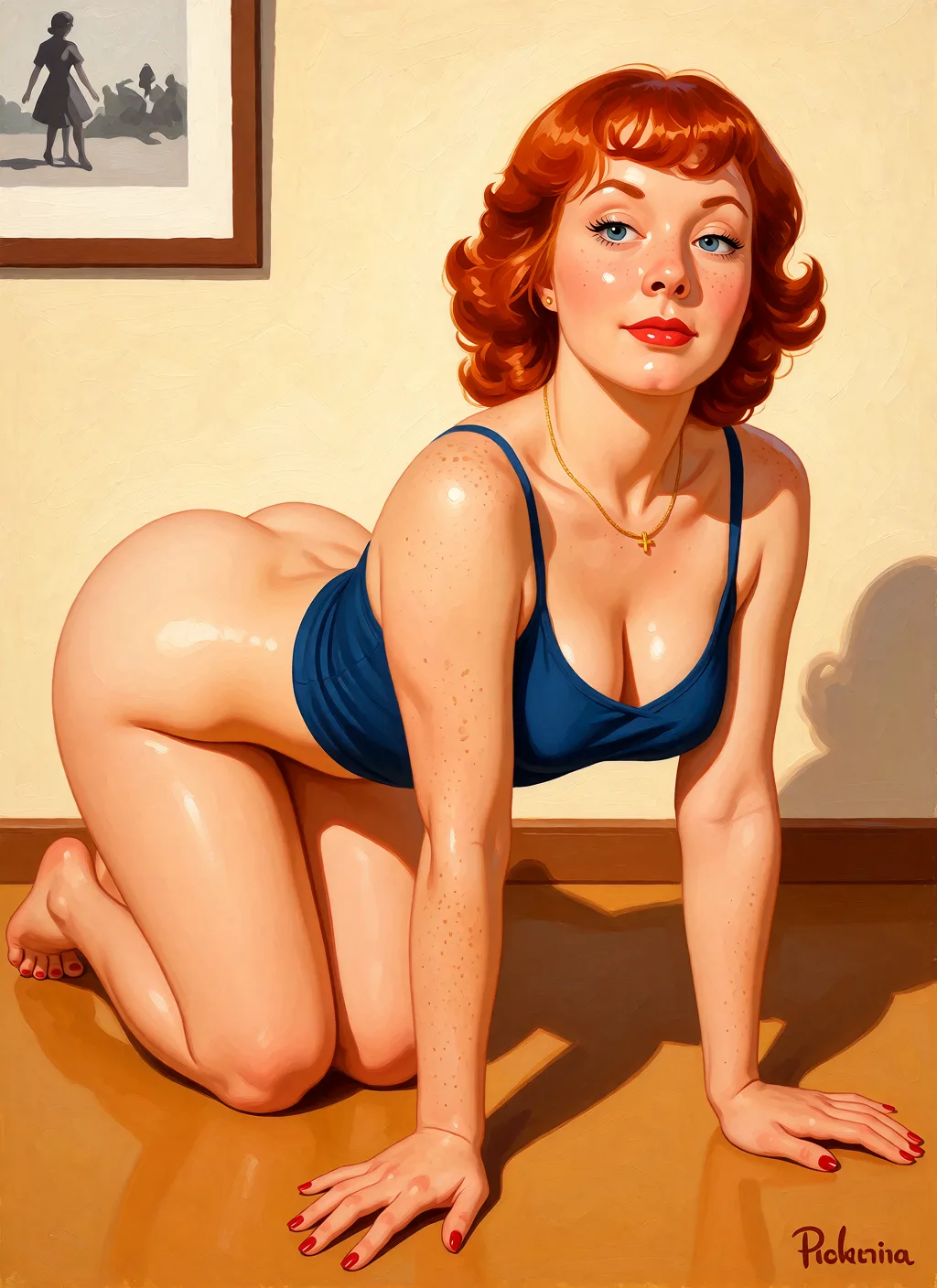 Redraw the entire picture as a retro pin-up illustration: smooth airbrushed gouache paint, warm saturated mid-century colour, clean confident outlines and glamorous stylised features, in the look of a 1950s pin-up poster. The background is painted in the same style. Nothing in the frame keeps its photographic appearance. Above all, the picture must show: Nude on floor on all fours wiggling her bubble butt.