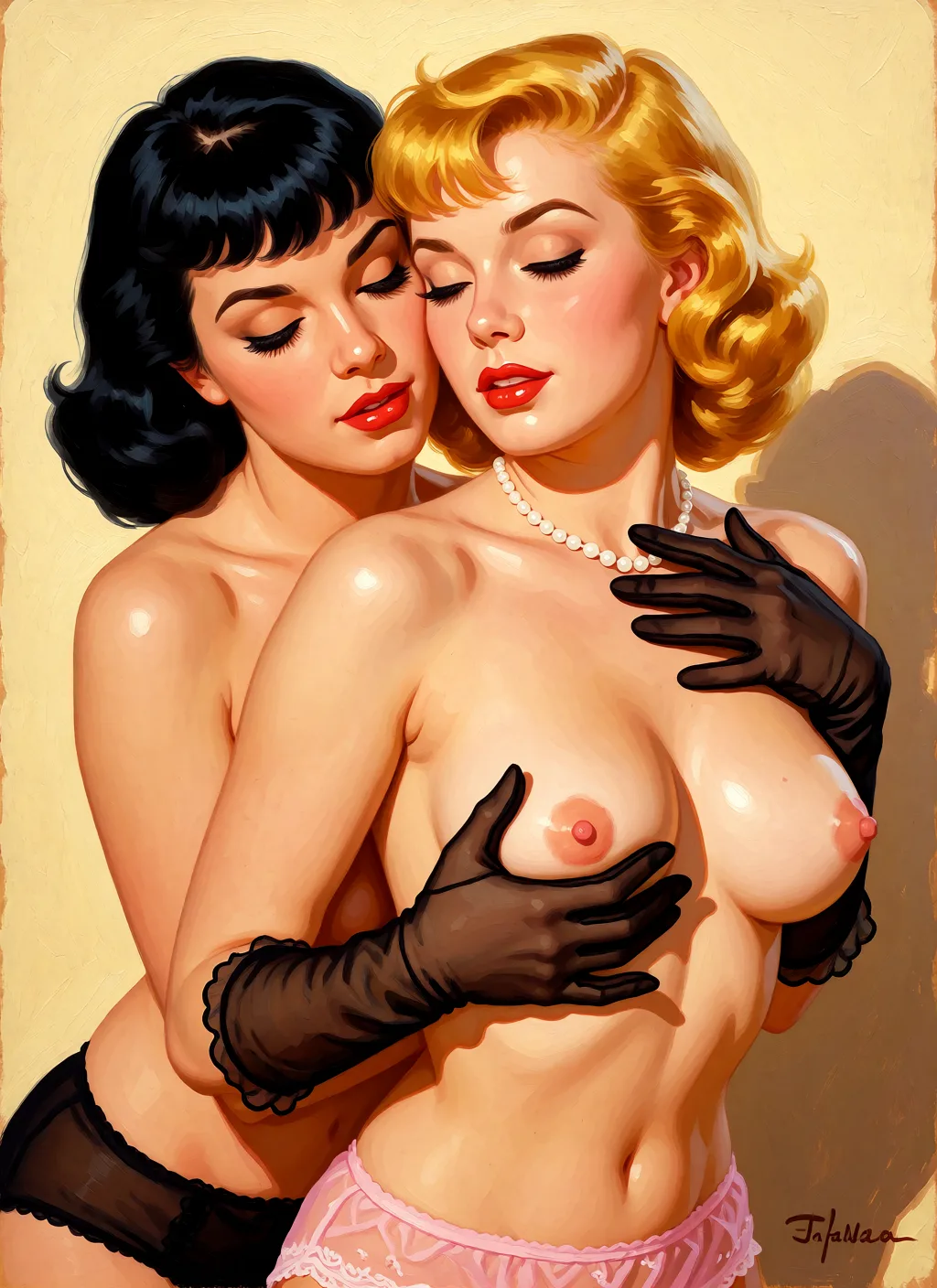 Redraw the entire picture as a retro pin-up illustration: smooth airbrushed gouache paint, warm saturated mid-century colour, clean confident outlines and glamorous stylised features, in the look of a 1950s pin-up poster. The background is painted in the same style. Nothing in the frame keeps its photographic appearance. Above all, the picture must show: the woman in the back has dark hair and a bob.