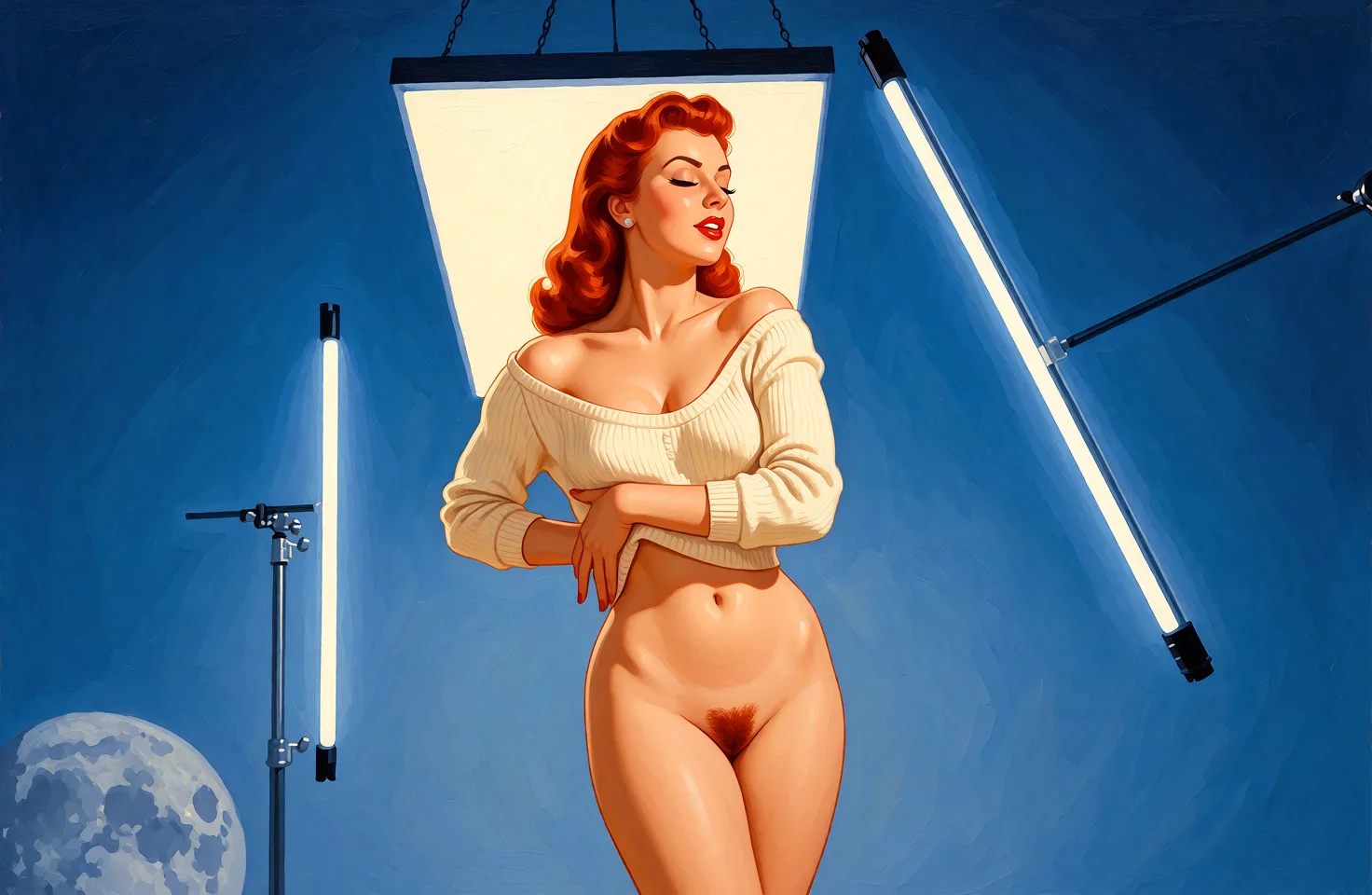 Redraw the entire picture as a retro pin-up illustration: smooth airbrushed gouache paint, warm saturated mid-century colour, clean confident outlines and glamorous stylised features, in the look of a 1950s pin-up poster. The background is painted in the same style. Nothing in the frame keeps its photographic appearance. Above all, the picture must show: nude.