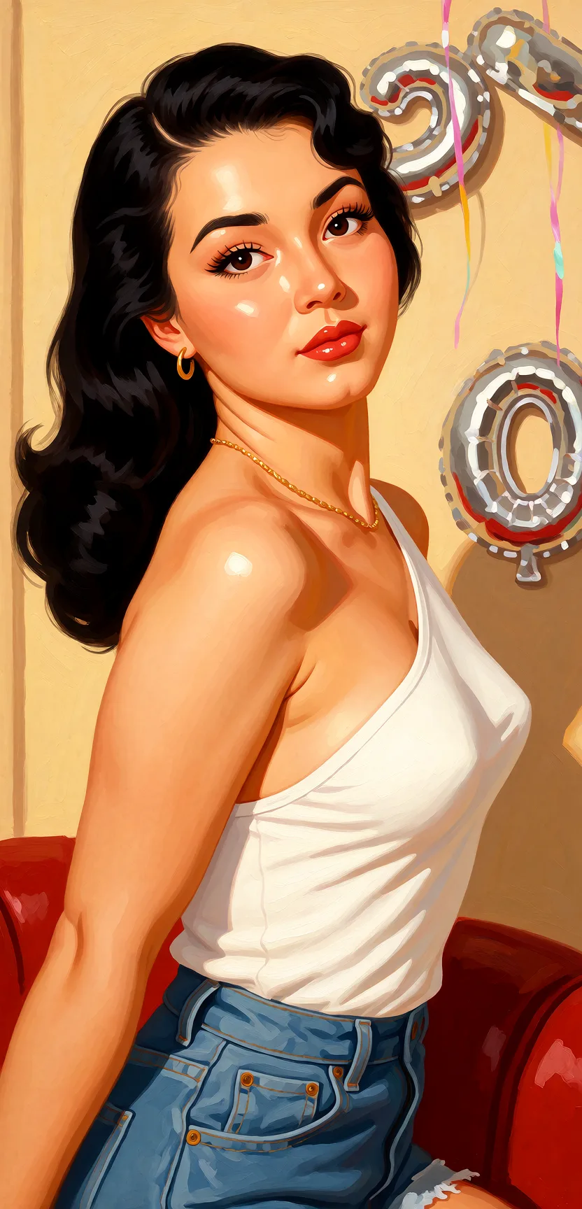 Redraw the entire picture as a retro pin-up illustration: smooth airbrushed gouache paint, warm saturated mid-century colour, clean confident outlines and glamorous stylised features, in the look of a 1950s pin-up poster. The background is painted in the same style. Nothing in the frame keeps its photographic appearance. Above all, the picture must show: поза наездница от первого лица.