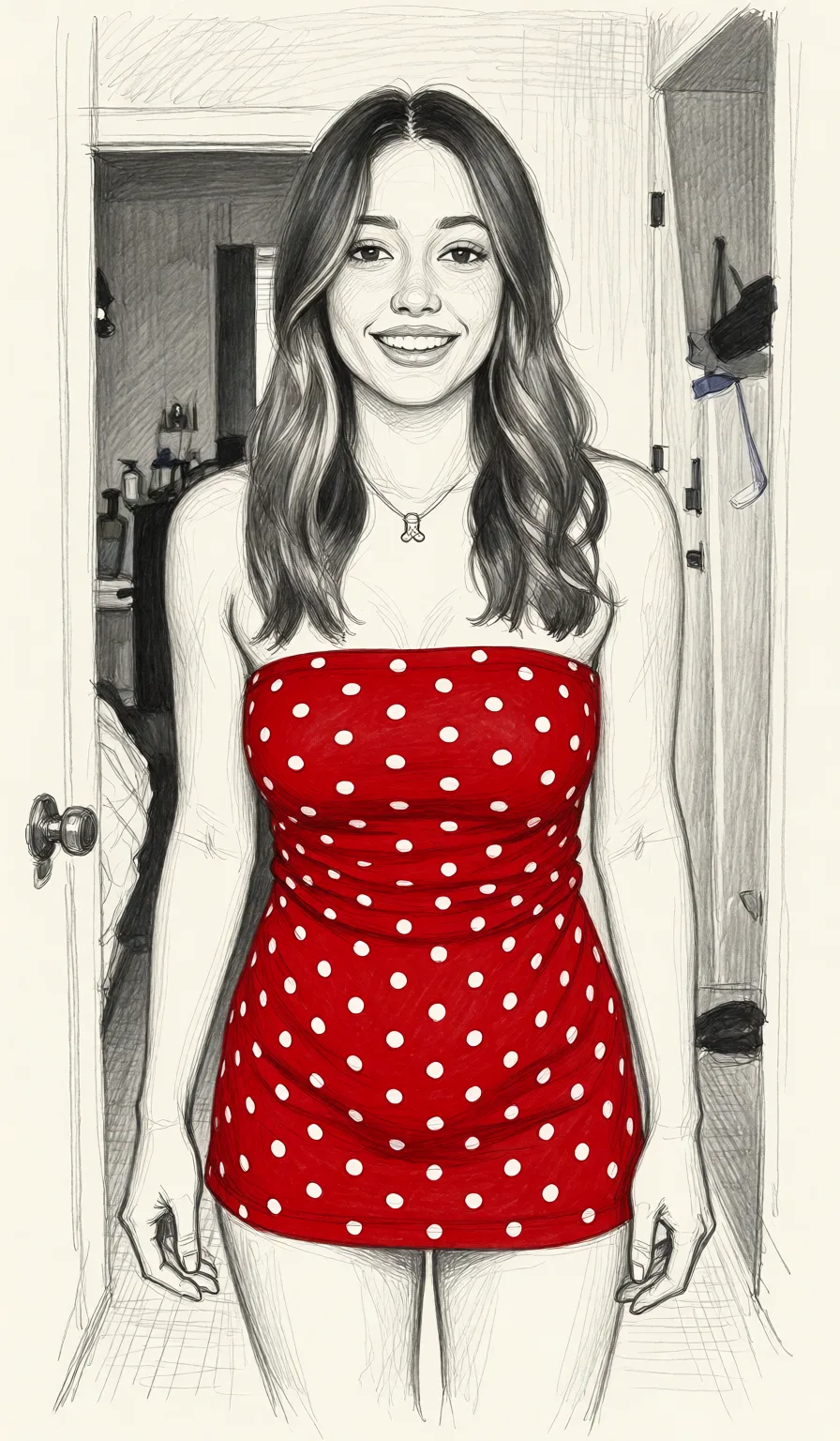 Redraw the entire picture as a hand-drawn graphite sketch on off-white paper: visible pencil strokes, cross-hatched shading, loose construction lines and no colour beyond the grey of the pencil and the tone of the paper. The background is drawn in the same style. Nothing in the frame keeps its photographic appearance. Above all, the picture must show: Her dress off.