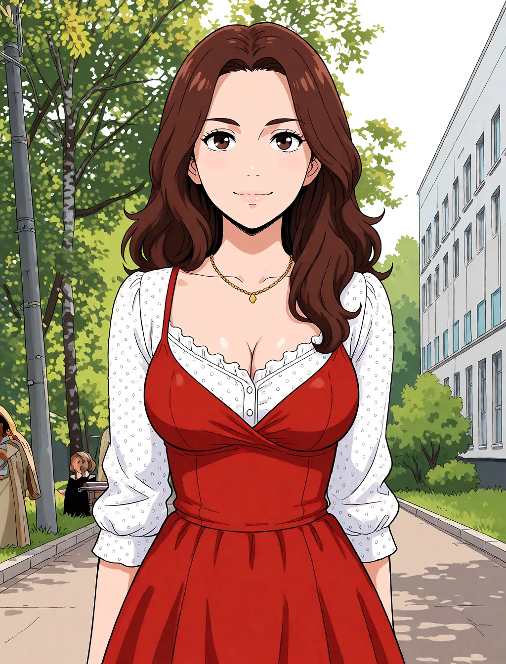 Redraw the entire picture as a hand-drawn anime illustration in flat cel-shaded anime style. It stays the same person with the same face, the same expression, the same hair and the same skin tone, and every other detail of the photograph is kept exactly as it is: nothing is added, removed, moved, uncovered or recoloured. Only the medium changes, and no part of the picture is left photographic. Above all, the picture must show: Sexy foxy cosplay dress.