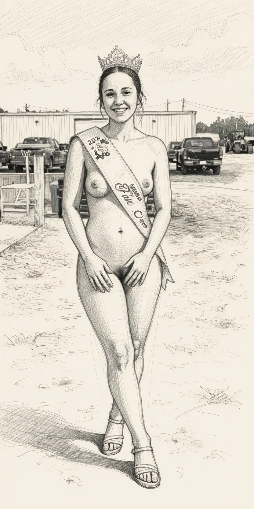 Redraw the entire picture as a hand-drawn graphite sketch on off-white paper: visible pencil strokes, cross-hatched shading, loose construction lines and no colour beyond the grey of the pencil and the tone of the paper. The background is drawn in the same style. Nothing in the frame keeps its photographic appearance. Above all, the picture must show: nude.