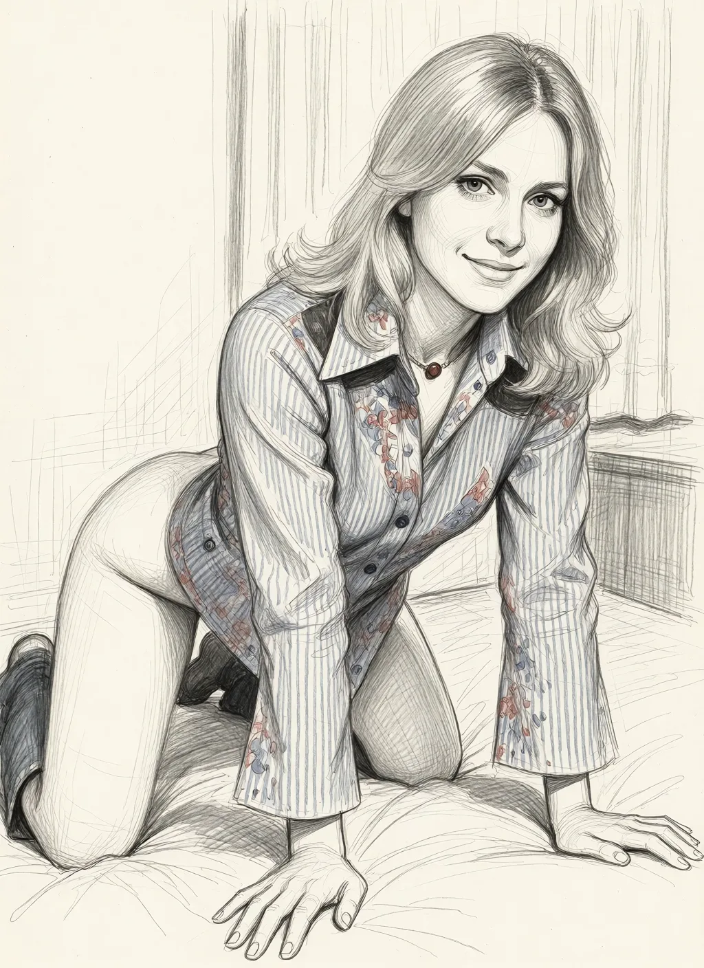 Redraw the entire picture as a hand-drawn graphite sketch on off-white paper: visible pencil strokes, cross-hatched shading, loose construction lines and no colour beyond the grey of the pencil and the tone of the paper. The background is drawn in the same style. Nothing in the frame keeps its photographic appearance. Above all, the picture must show: Sex doggystyle clothes around_waist.