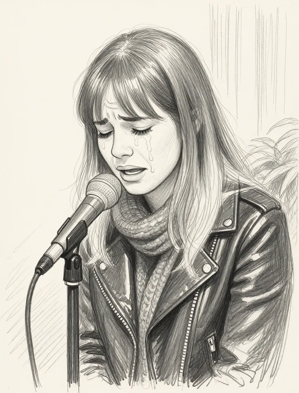 Redraw the entire picture as a hand-drawn graphite sketch on off-white paper: visible pencil strokes, cross-hatched shading, loose construction lines and no colour beyond the grey of the pencil and the tone of the paper. The background is drawn in the same style. Nothing in the frame keeps its photographic appearance. Above all, the picture must show: Head down with ads up crying painful anal sex.