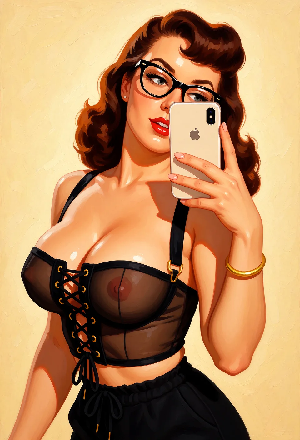 Redraw the entire picture as a retro pin-up illustration: smooth airbrushed gouache paint, warm saturated mid-century colour, clean confident outlines and glamorous stylised features, in the look of a 1950s pin-up poster. The background is painted in the same style. Nothing in the frame keeps its photographic appearance. Above all, the picture must show: Keep the clothes and proportions mostly the same but add a strap on to her, a big black one.