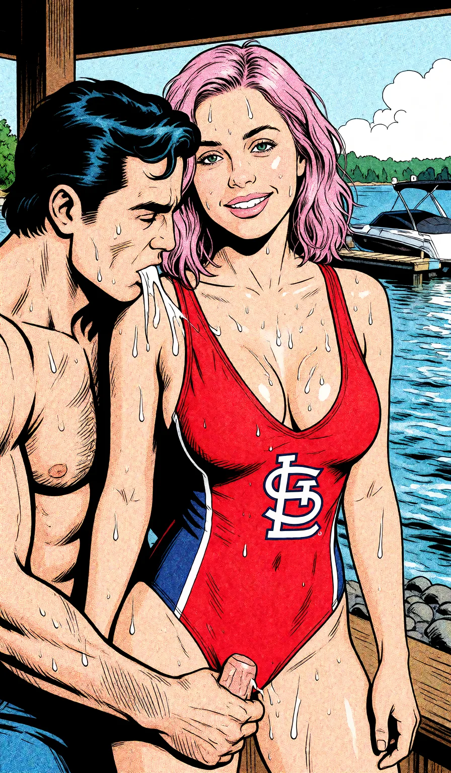 Redraw the entire picture as western comic-book art: heavy black inked outlines, hard-edged cel shading, limited high-contrast colour and visible halftone dot texture. The background is drawn in the same style. Nothing in the frame keeps its photographic appearance. Above all, the picture must show: MAN FUCKING HER.