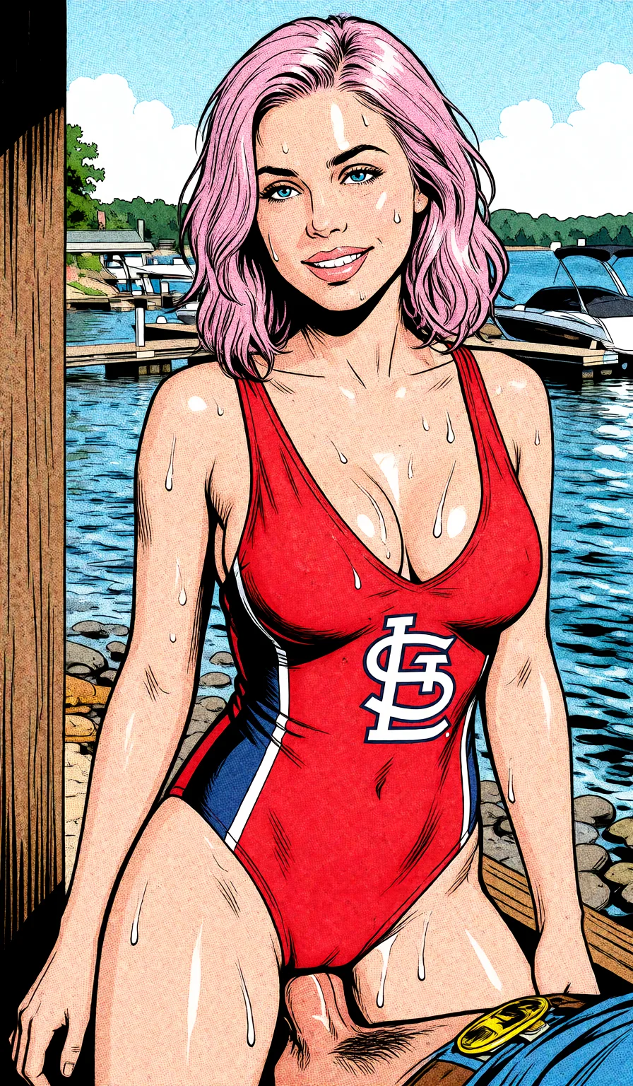 Redraw the entire picture as western comic-book art: heavy black inked outlines, hard-edged cel shading, limited high-contrast colour and visible halftone dot texture. The background is drawn in the same style. Nothing in the frame keeps its photographic appearance. Above all, the picture must show: man fucking her.