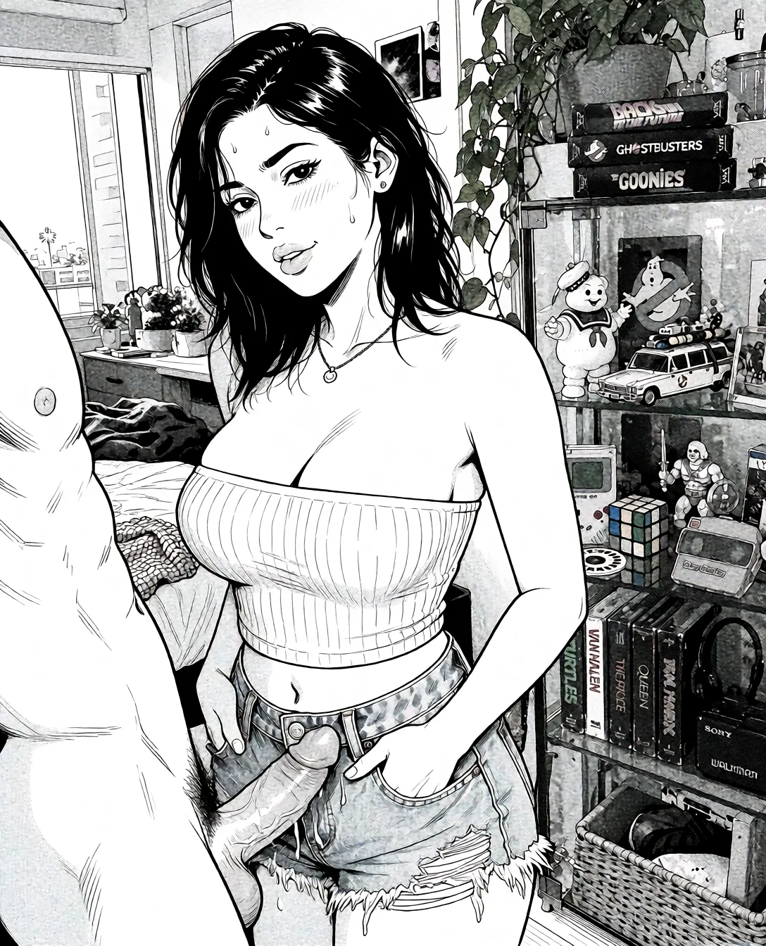 Redraw the entire picture as a black and white manga page: crisp black ink line art, no colour anywhere, flat halftone screentone shading, hatched shadows and clean white highlights, in the look of a printed manga panel. The background is drawn in the same style. Nothing in the frame keeps its photographic appearance. Above all, the picture must show: man fucking her.