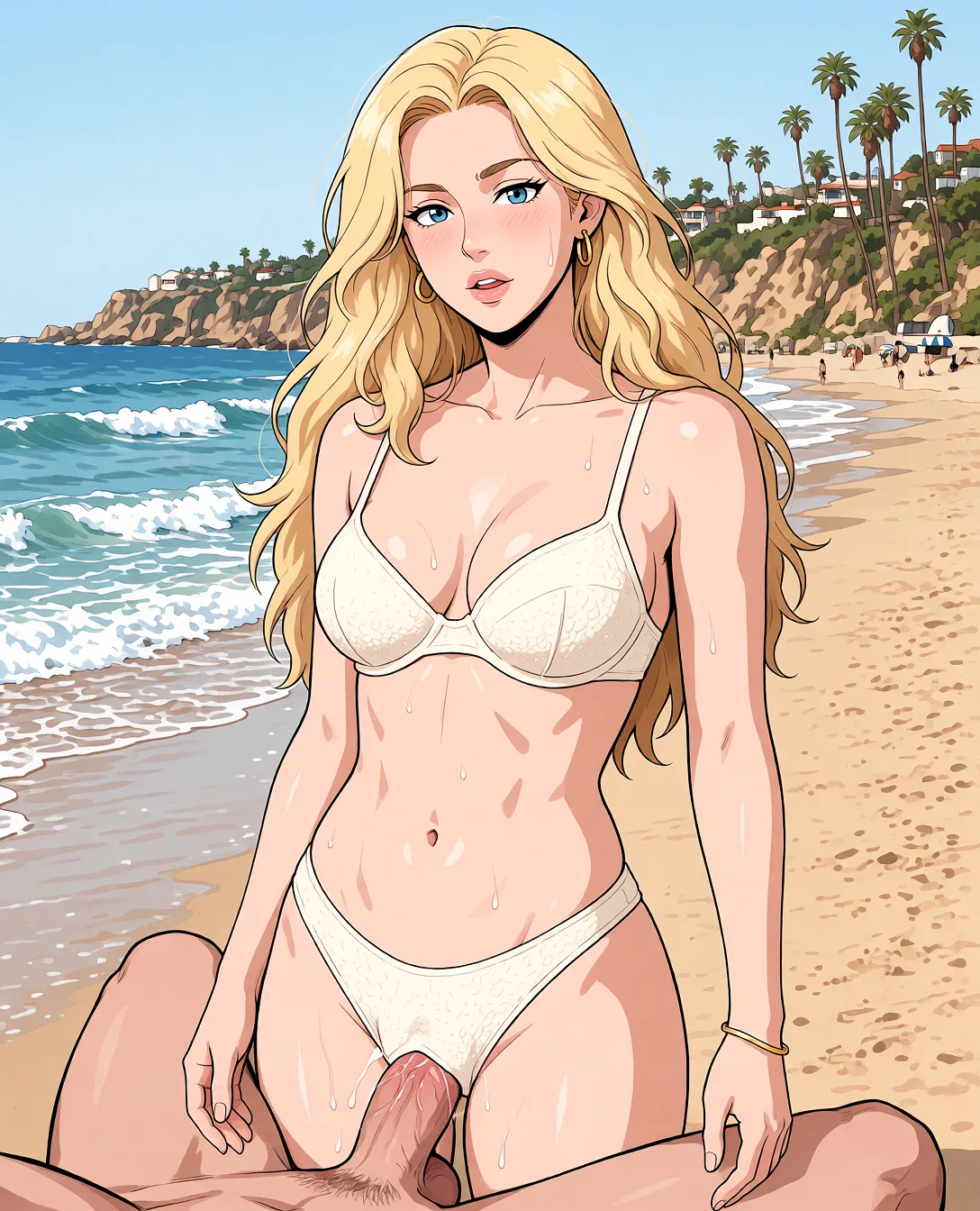 Redraw the entire picture as a hand-drawn anime illustration in flat cel-shaded anime style. It stays the same person with the same face, the same expression, the same hair and the same skin tone, and every other detail of the photograph is kept exactly as it is: nothing is added, removed, moved, uncovered or recoloured. Only the medium changes, and no part of the picture is left photographic. Above all, the picture must show: being fucked by a man.