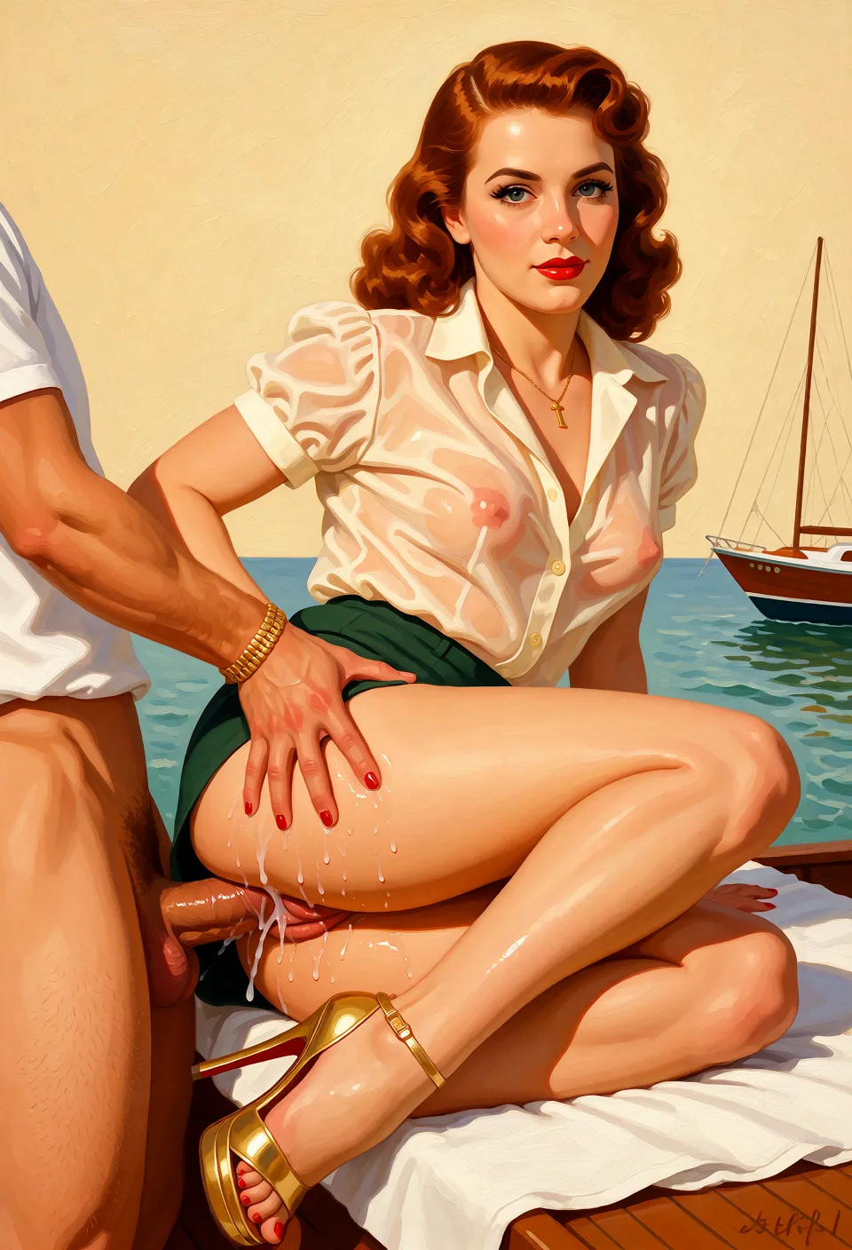 Redraw the entire picture as a retro pin-up illustration: smooth airbrushed gouache paint, warm saturated mid-century colour, clean confident outlines and glamorous stylised features, in the look of a 1950s pin-up poster. The background is painted in the same style. Nothing in the frame keeps its photographic appearance. Above all, the picture must show: man fucking her.