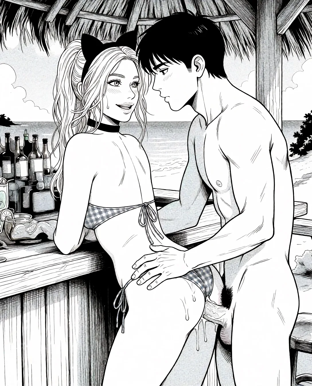 Redraw the entire picture as a black and white manga page: crisp black ink line art, no colour anywhere, flat halftone screentone shading, hatched shadows and clean white highlights, in the look of a printed manga panel. The background is drawn in the same style. Nothing in the frame keeps its photographic appearance. Above all, the picture must show: man hace sex with her.