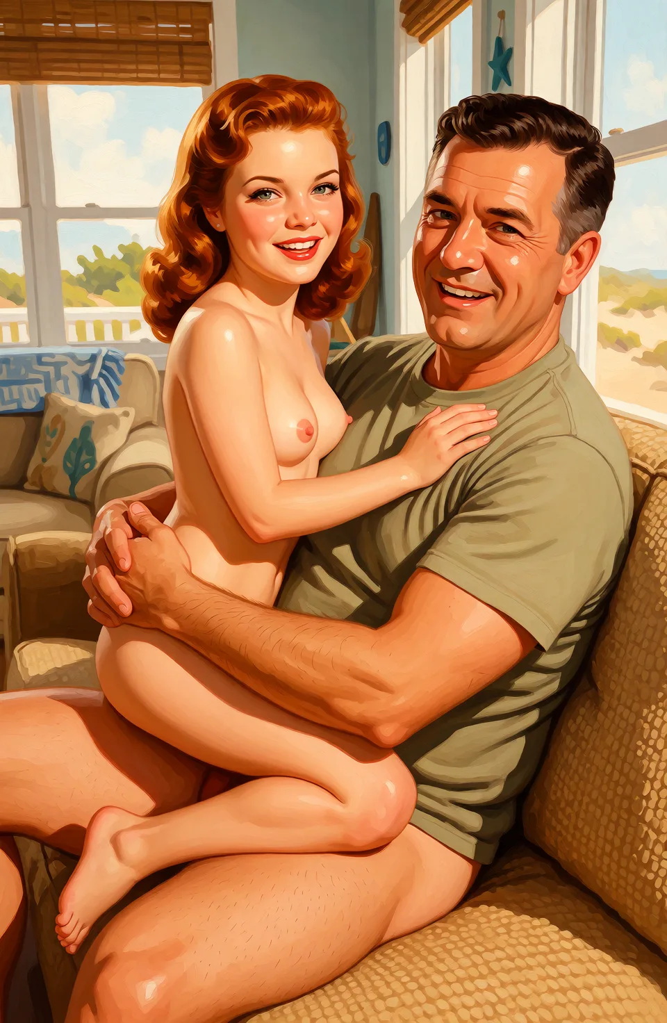 Redraw the entire picture as a retro pin-up illustration: smooth airbrushed gouache paint, warm saturated mid-century colour, clean confident outlines and glamorous stylised features, in the look of a 1950s pin-up poster. The background is painted in the same style. Nothing in the frame keeps its photographic appearance. Above all, the picture must show: They are both nude. He is nude. She is nude.