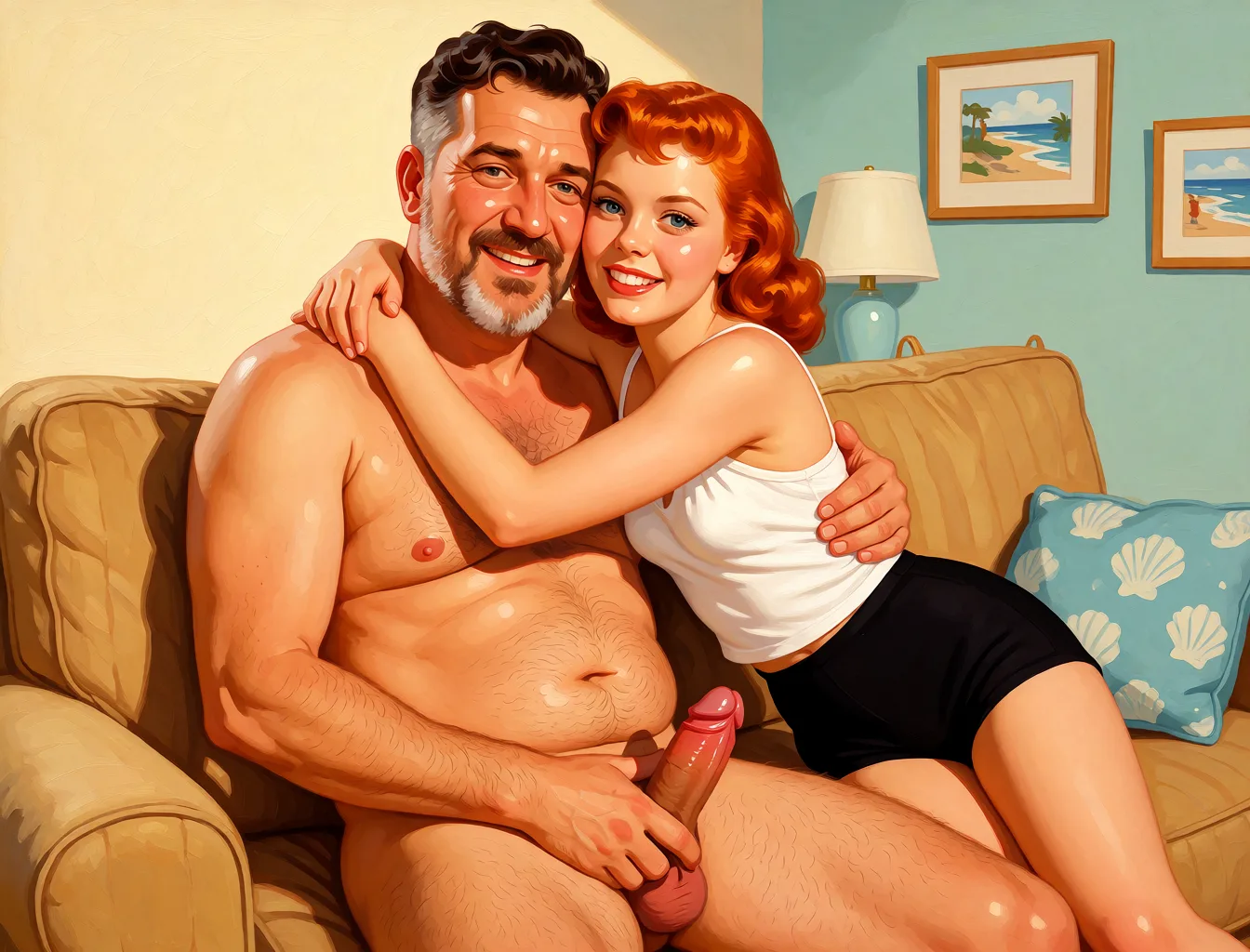 Redraw the entire picture as a retro pin-up illustration: smooth airbrushed gouache paint, warm saturated mid-century colour, clean confident outlines and glamorous stylised features, in the look of a 1950s pin-up poster. The background is painted in the same style. Nothing in the frame keeps its photographic appearance. Above all, the picture must show: They are nude. He is a little bit out of shape. He is nude. He has an erect penis. She is nude. She has one hand stroking his penis.