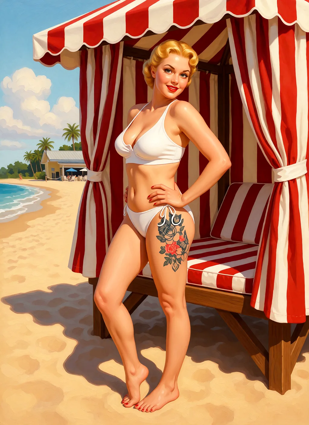 Redraw the entire picture as a retro pin-up illustration: smooth airbrushed gouache paint, warm saturated mid-century colour, clean confident outlines and glamorous stylised features, in the look of a 1950s pin-up poster. The background is painted in the same style. Nothing in the frame keeps its photographic appearance. Above all, the picture must show: Nude. In the beach cabana.