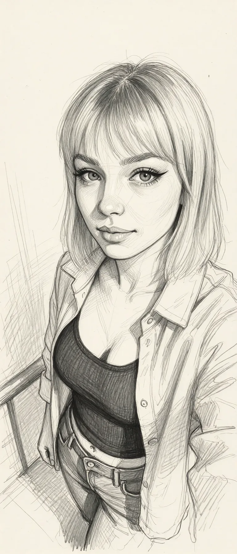 Redraw the entire picture as a hand-drawn graphite sketch on off-white paper: visible pencil strokes, cross-hatched shading, loose construction lines and no colour beyond the grey of the pencil and the tone of the paper. The background is drawn in the same style. Nothing in the frame keeps its photographic appearance. Above all, the picture must show: Ебут в киску и попку 2 мужика.
