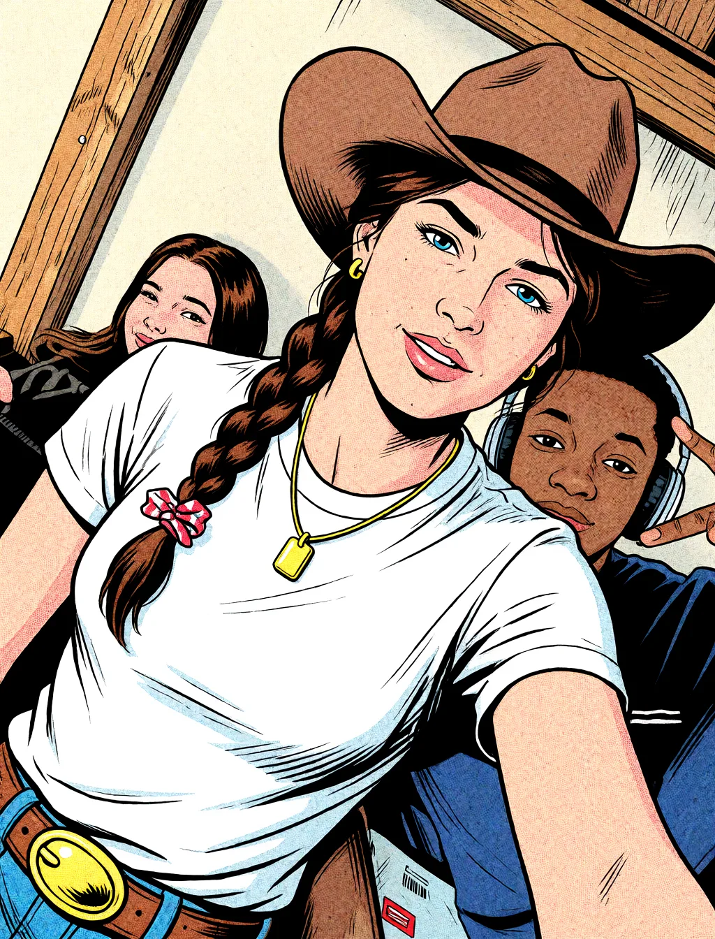 Redraw the entire picture as western comic-book art: heavy black inked outlines, hard-edged cel shading, limited high-contrast colour and visible halftone dot texture. The background is drawn in the same style. Nothing in the frame keeps its photographic appearance. Above all, the picture must show: cowgirl_position.