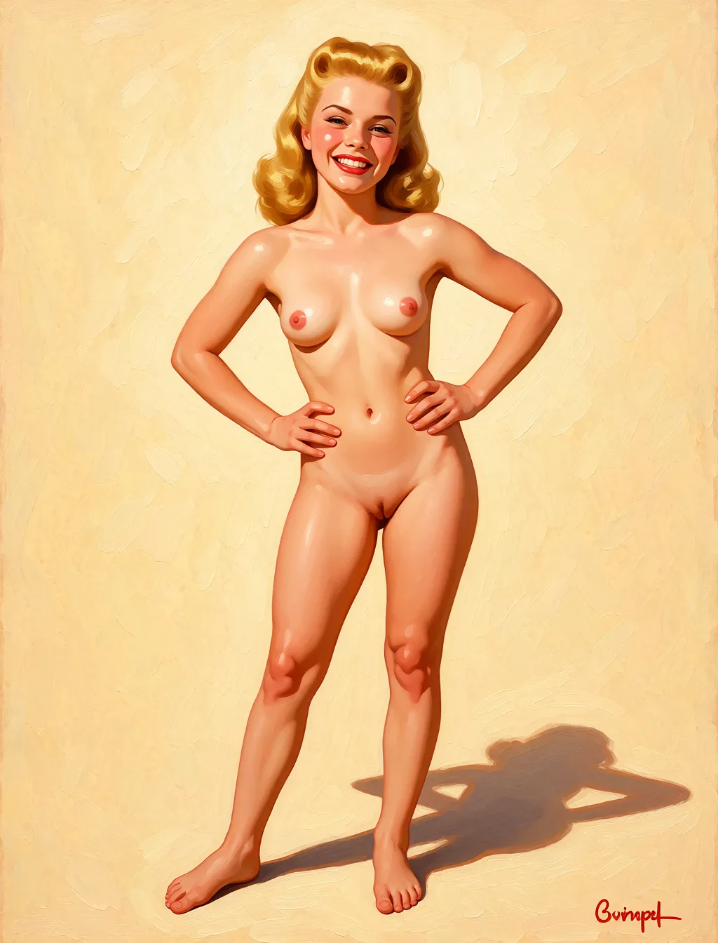Redraw the entire picture as a retro pin-up illustration: smooth airbrushed gouache paint, warm saturated mid-century colour, clean confident outlines and glamorous stylised features, in the look of a 1950s pin-up poster. The background is painted in the same style. Nothing in the frame keeps its photographic appearance. Above all, the picture must show: topless.