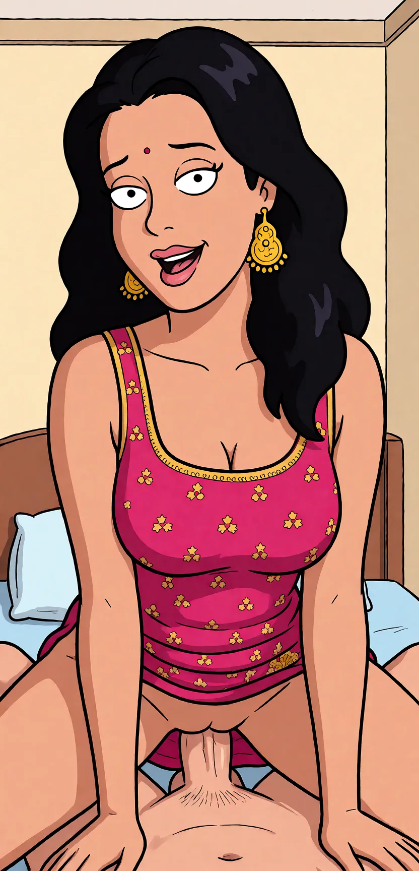 Redraw the entire picture as a western animated cartoon cel: thick even outlines, flat bright blocks of colour, simplified rounded shapes and hard-edged shadows, in the look of a television cartoon rather than of a camera. Keep the woman's adult proportions and adult figure exactly as they are; only the drawing style changes. The background is drawn in the same style. Nothing in the frame keeps its photographic appearance. Above all, the picture must show: Make her getting fucked in doggy style.