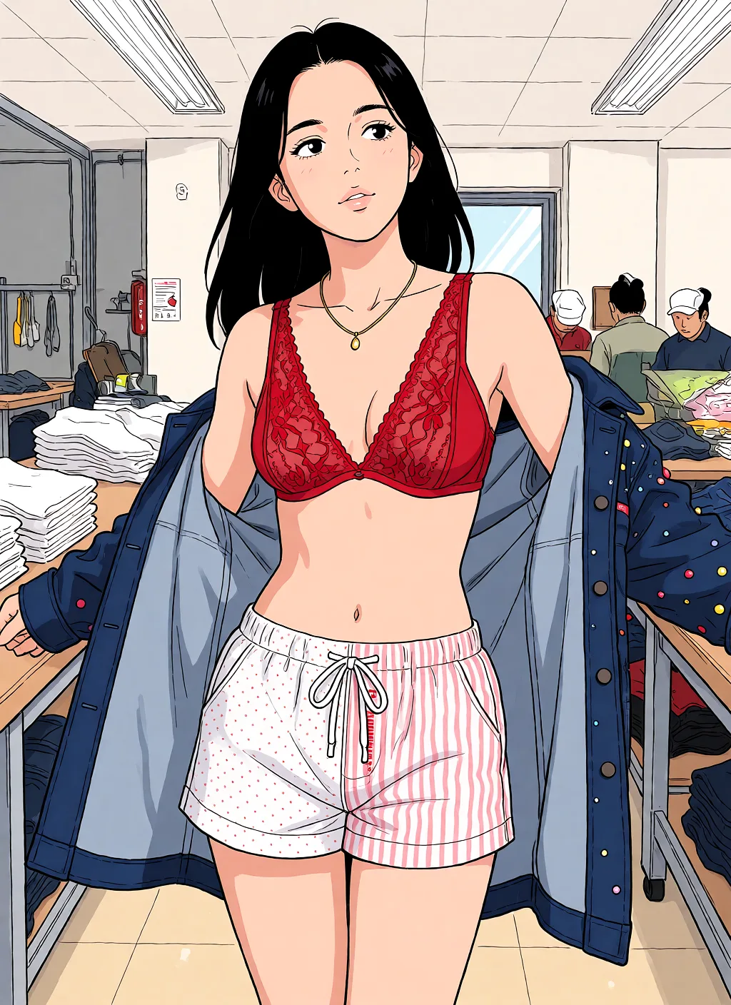 Redraw the entire picture as a hand-drawn anime illustration in flat cel-shaded anime style. It stays the same person with the same face, the same expression, the same hair and the same skin tone, and every other detail of the photograph is kept exactly as it is: nothing is added, removed, moved, uncovered or recoloured. Only the medium changes, and no part of the picture is left photographic. Above all, the picture must show: undressing.
