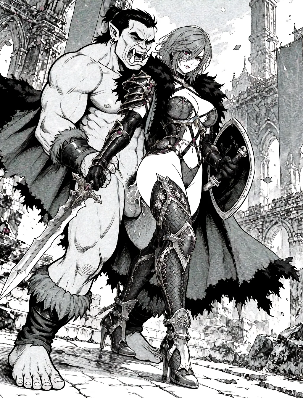 Redraw the entire picture as a black and white manga page: crisp black ink line art, no colour anywhere, flat halftone screentone shading, hatched shadows and clean white highlights, in the look of a printed manga panel. The background is drawn in the same style. Nothing in the frame keeps its photographic appearance. Above all, the picture must show: Her being fuck from_behind by an orc.