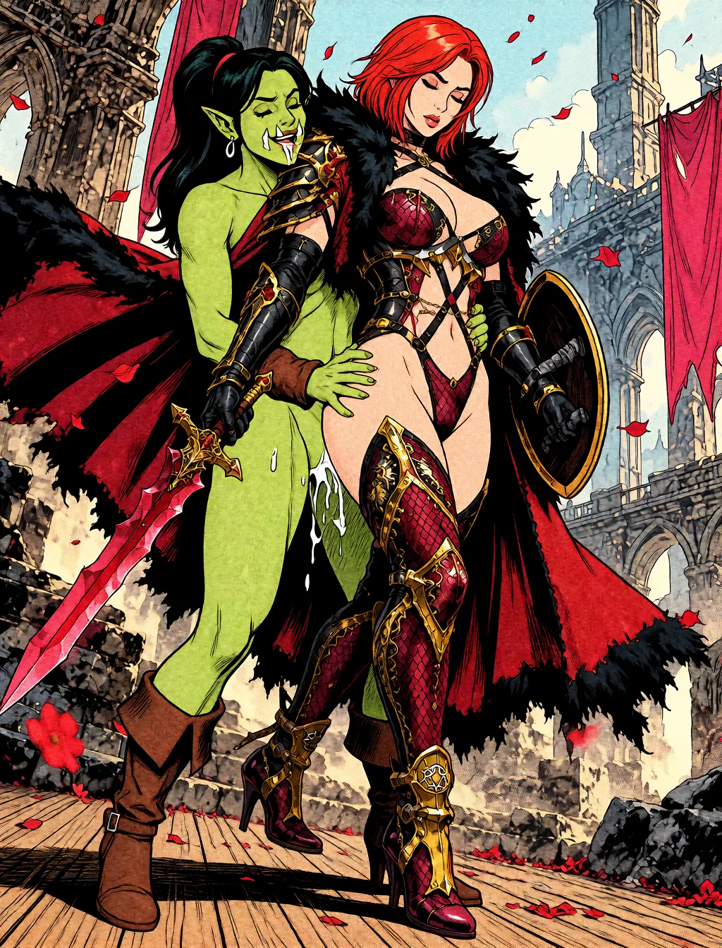 Redraw the entire picture as western comic-book art: heavy black inked outlines, hard-edged cel shading, limited high-contrast colour and visible halftone dot texture. The background is drawn in the same style. Nothing in the frame keeps its photographic appearance. Above all, the picture must show: Her being fuck from_behind by an futa orc woman on the wooden_floor with a pleasure look on her face.