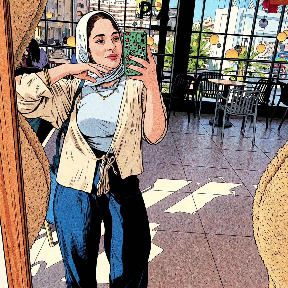 Redraw the entire picture as western comic-book art: heavy black inked outlines, hard-edged cel shading, limited high-contrast colour and visible halftone dot texture. The background is drawn in the same style. Nothing in the frame keeps its photographic appearance. Above all, the picture must show: اجعل ملابسها مثيره رياضيه و صدرها كبير طيزها كبير مدور.