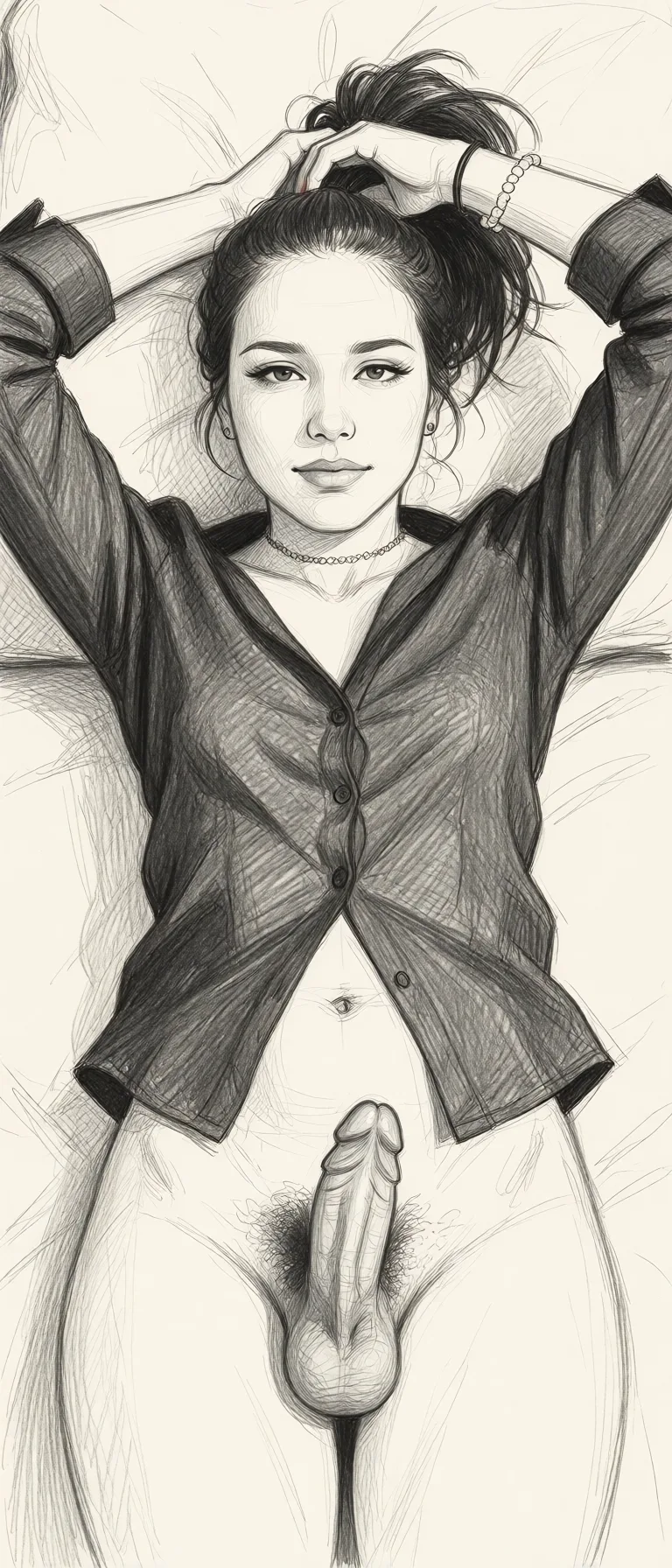Redraw the entire picture as a hand-drawn graphite sketch on off-white paper: visible pencil strokes, cross-hatched shading, loose construction lines and no colour beyond the grey of the pencil and the tone of the paper. The background is drawn in the same style. Nothing in the frame keeps its photographic appearance. Above all, the picture must show: futanari.