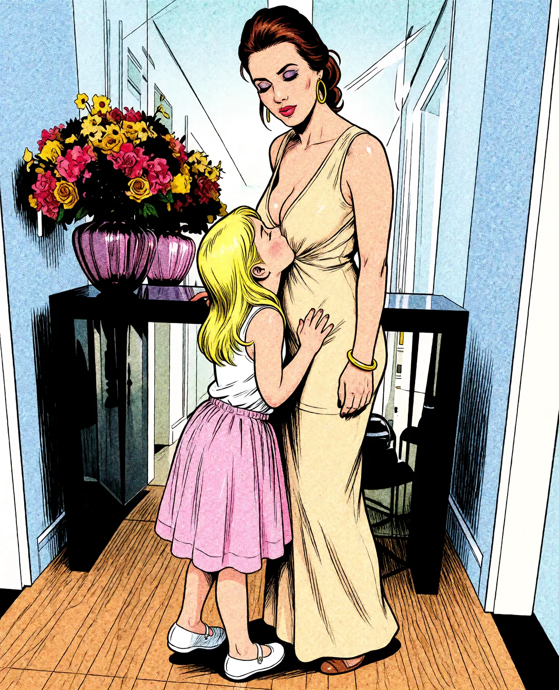 Redraw the entire picture as western comic-book art: heavy black inked outlines, hard-edged cel shading, limited high-contrast colour and visible halftone dot texture. The background is drawn in the same style. Nothing in the frame keeps its photographic appearance. Above all, the picture must show: french_kiss cum_in_mouth.