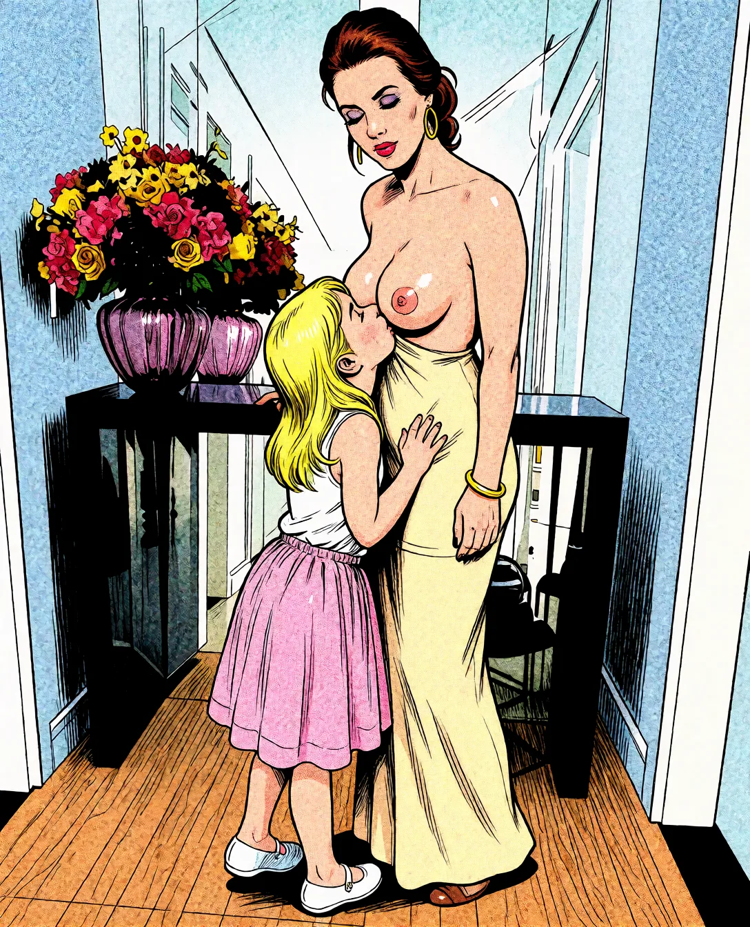 Redraw the entire picture as western comic-book art: heavy black inked outlines, hard-edged cel shading, limited high-contrast colour and visible halftone dot texture. The background is drawn in the same style. Nothing in the frame keeps its photographic appearance. Above all, the picture must show: topless.