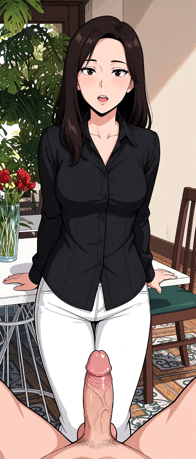 Redraw the entire picture as a hand-drawn anime illustration in flat cel-shaded anime style. It stays the same person with the same face, the same expression, the same hair and the same skin tone, and every other detail of the photograph is kept exactly as it is: nothing is added, removed, moved, uncovered or recoloured. Only the medium changes, and no part of the picture is left photographic. Above all, the picture must show: Blowjob.