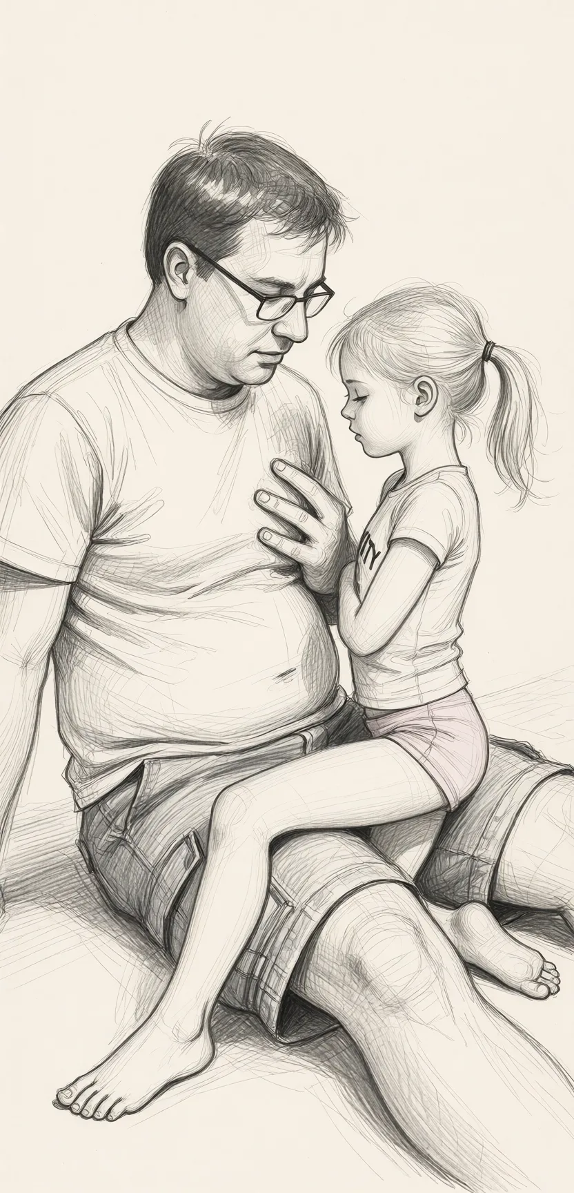 Redraw the entire picture as a hand-drawn graphite sketch on off-white paper: visible pencil strokes, cross-hatched shading, loose construction lines and no colour beyond the grey of the pencil and the tone of the paper. The background is drawn in the same style. Nothing in the frame keeps its photographic appearance. Above all, the picture must show: He has glasses, a small belly, brown hair and is sitting on the floor, she's little, skinny and petite, she has blonde hair, a ponytail, she's wearing tight little shorts, a tight t-shirt, she's sitting sideways with her legs across his lap, his hand is feeling her chest, they both like it.