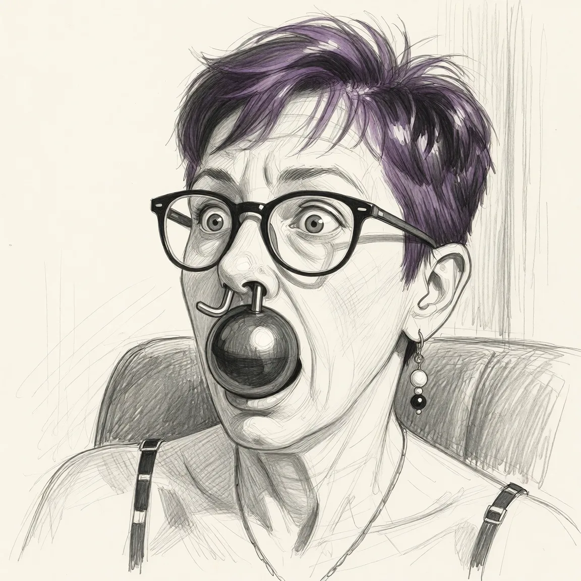 Redraw the entire picture as a hand-drawn graphite sketch on off-white paper: visible pencil strokes, cross-hatched shading, loose construction lines and no colour beyond the grey of the pencil and the tone of the paper. The background is drawn in the same style. Nothing in the frame keeps its photographic appearance. Above all, the picture must show: woman with ballgag and nose hook in a state of shock.