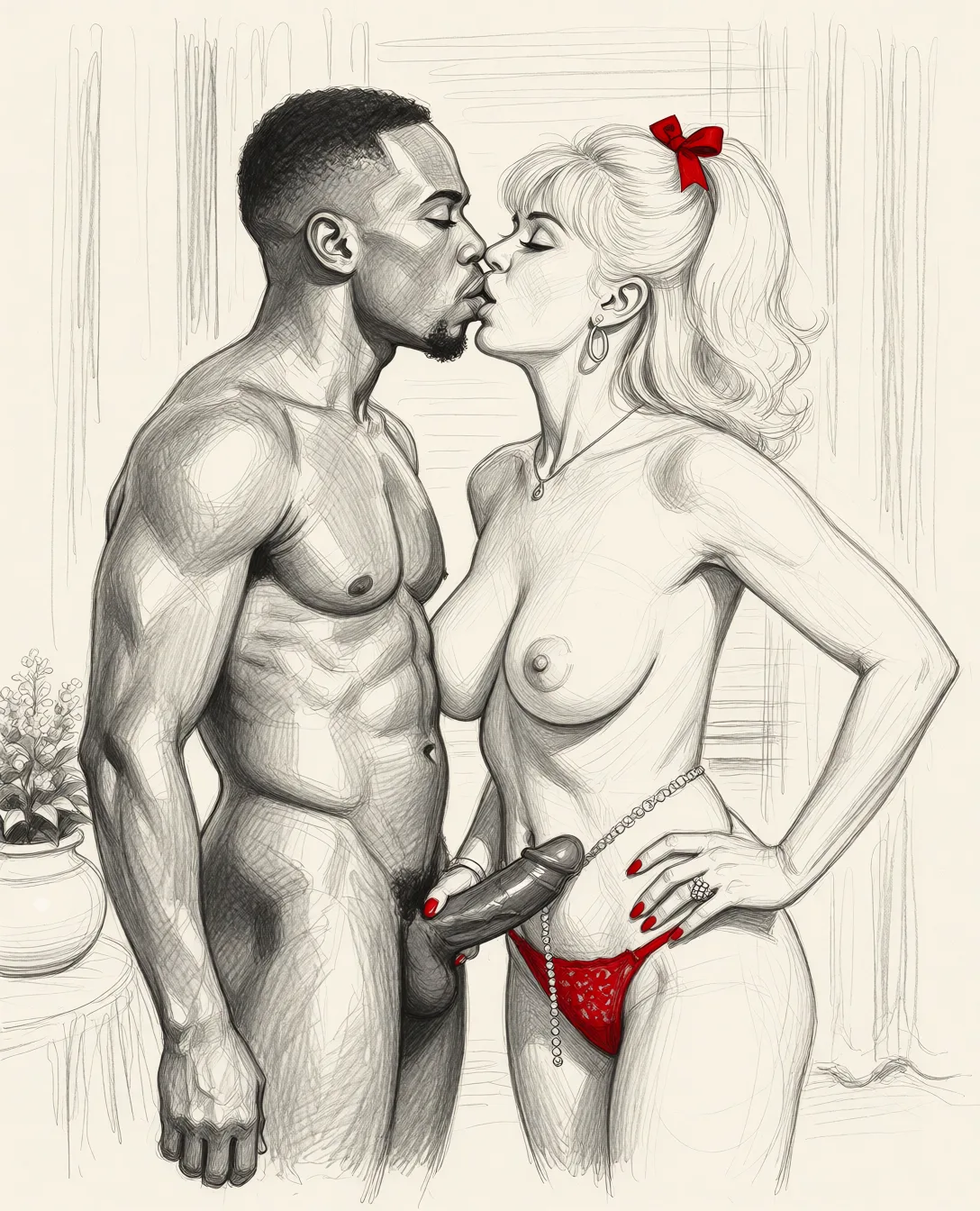 Redraw the entire picture as a hand-drawn graphite sketch on off-white paper: visible pencil strokes, cross-hatched shading, loose construction lines and no colour beyond the grey of the pencil and the tone of the paper. The background is drawn in the same style. Nothing in the frame keeps its photographic appearance. Above all, the picture must show: woman french kissing a nacked black man.