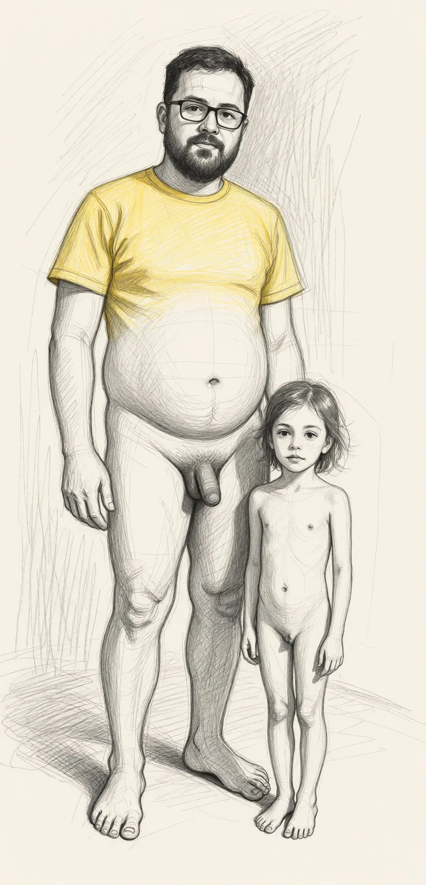 Redraw the entire picture as a hand-drawn graphite sketch on off-white paper: visible pencil strokes, cross-hatched shading, loose construction lines and no colour beyond the grey of the pencil and the tone of the paper. The background is drawn in the same style. Nothing in the frame keeps its photographic appearance. Above all, the picture must show: He has glasses, a beard, and a potbelly, he is nude, he has a small penis, she is small, skinny, petite and she's nude.