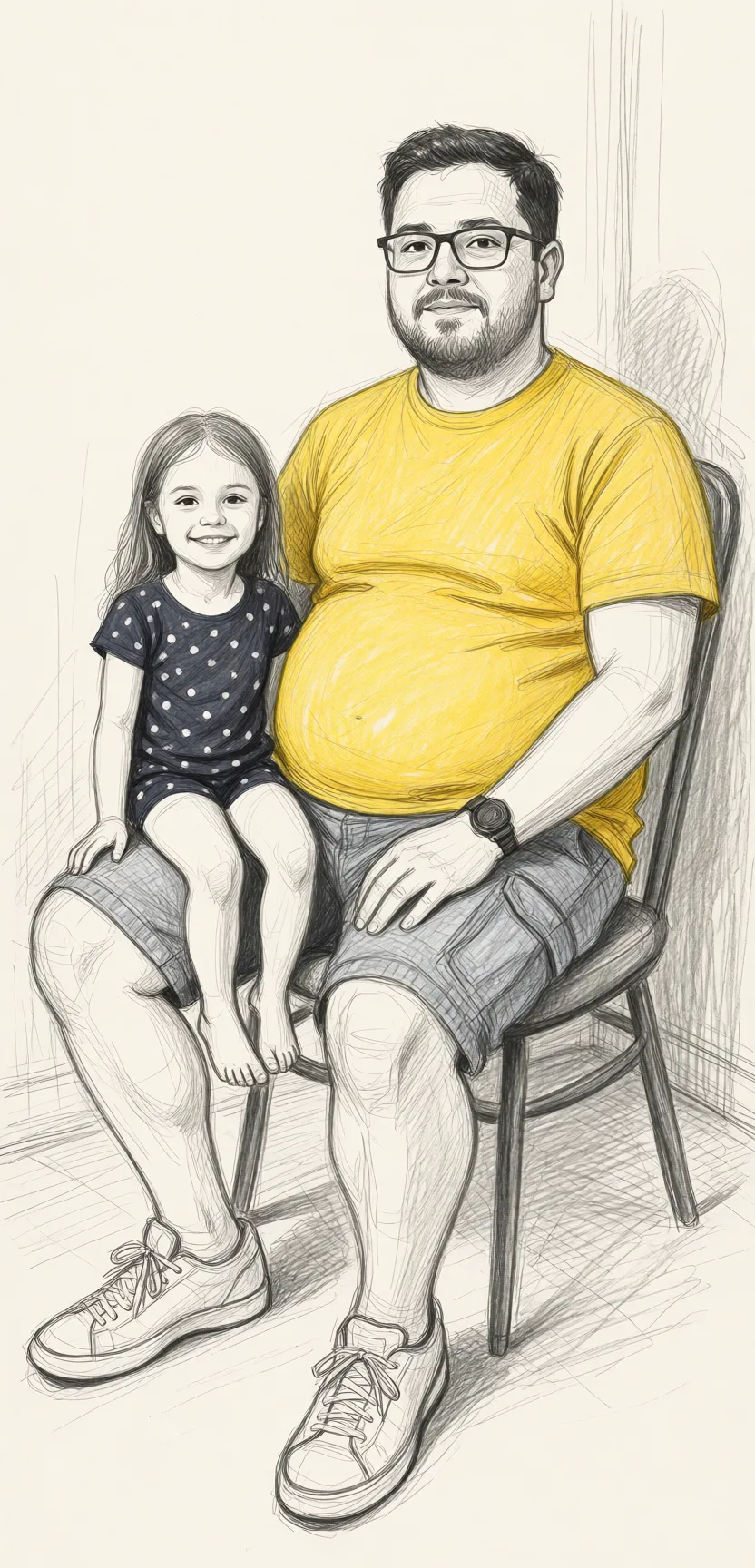 Redraw the entire picture as a hand-drawn graphite sketch on off-white paper: visible pencil strokes, cross-hatched shading, loose construction lines and no colour beyond the grey of the pencil and the tone of the paper. The background is drawn in the same style. Nothing in the frame keeps its photographic appearance. Above all, the picture must show: He has glasses, a beard, a potbelly and he's sitting on a chair, she's small and she's sitting on his lap.