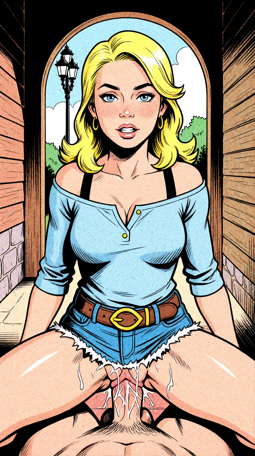 Redraw the entire picture as western comic-book art: heavy black inked outlines, hard-edged cel shading, limited high-contrast colour and visible halftone dot texture. The background is drawn in the same style. Nothing in the frame keeps its photographic appearance. Above all, the picture must show: being fucked while squatting atop a penis.