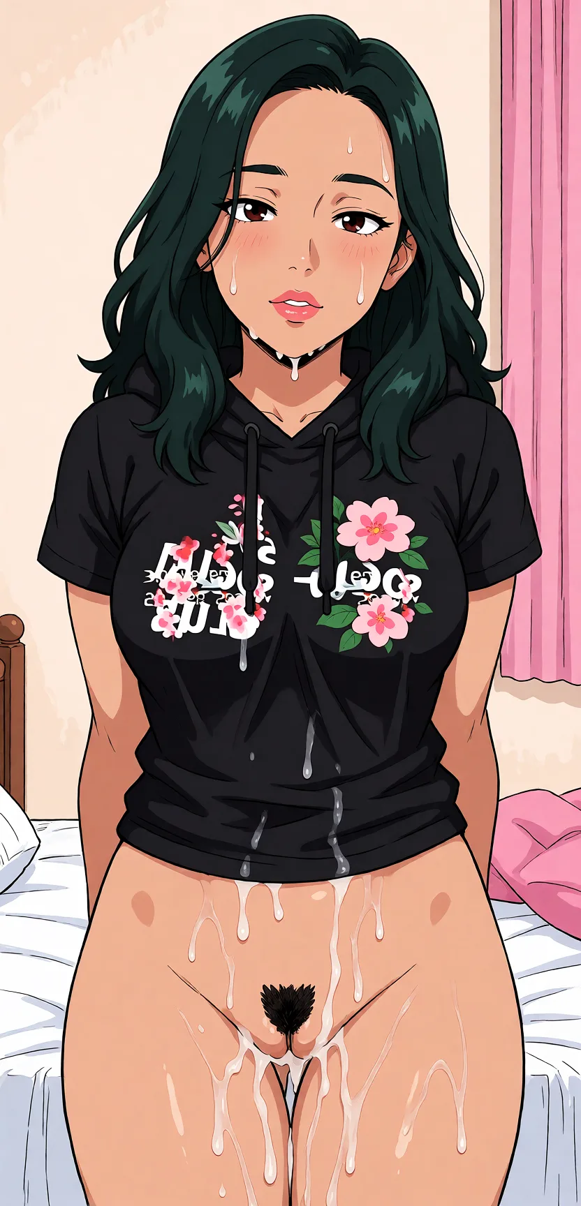 Redraw the entire picture as a hand-drawn anime illustration in flat cel-shaded anime style. It stays the same person with the same face, the same expression, the same hair and the same skin tone, and every other detail of the photograph is kept exactly as it is: nothing is added, removed, moved, uncovered or recoloured. Only the medium changes, and no part of the picture is left photographic. Above all, the picture must show: Naked and cum soaked.