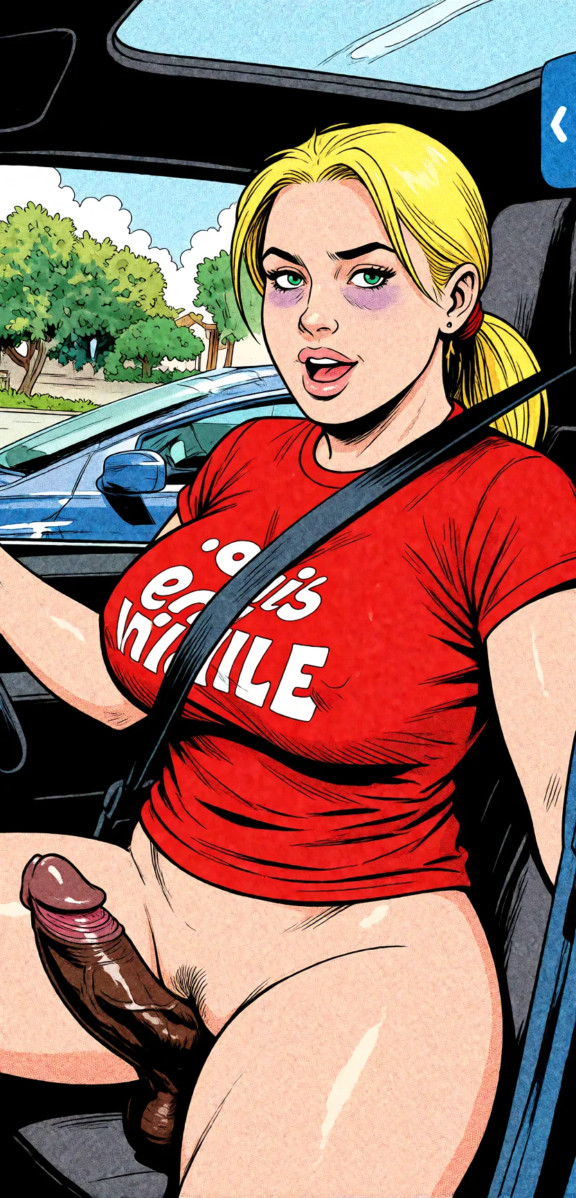 Redraw the entire picture as western comic-book art: heavy black inked outlines, hard-edged cel shading, limited high-contrast colour and visible halftone dot texture. The background is drawn in the same style. Nothing in the frame keeps its photographic appearance. Above all, the picture must show: The woman is slightly chubby, has large tits, blonde hair and green eyes. The woman is being penetrated deeply by a strong black man with a massive black dick (BBC) and the woman looks like she's having fun.