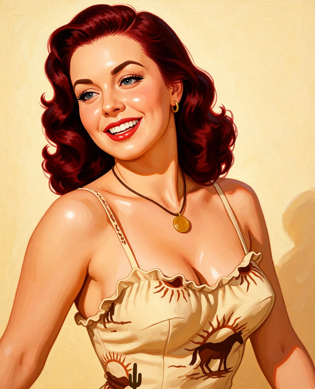 Redraw the entire picture as a retro pin-up illustration: smooth airbrushed gouache paint, warm saturated mid-century colour, clean confident outlines and glamorous stylised features, in the look of a 1950s pin-up poster. The background is painted in the same style. Nothing in the frame keeps its photographic appearance. Above all, the picture must show: nude.