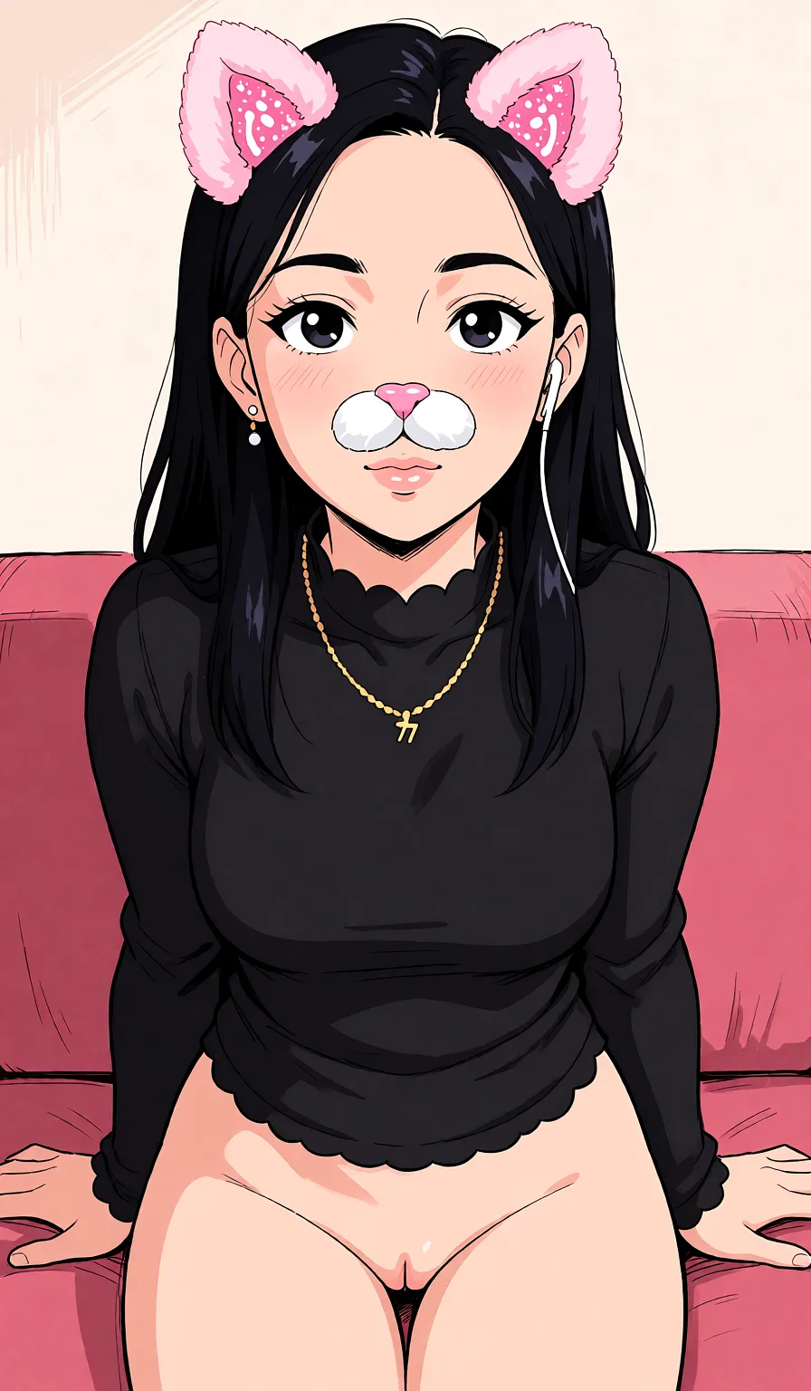 Redraw the entire picture as a hand-drawn anime illustration in flat cel-shaded anime style. It stays the same person with the same face, the same expression, the same hair and the same skin tone, and every other detail of the photograph is kept exactly as it is: nothing is added, removed, moved, uncovered or recoloured. Only the medium changes, and no part of the picture is left photographic. Above all, the picture must show: nude.