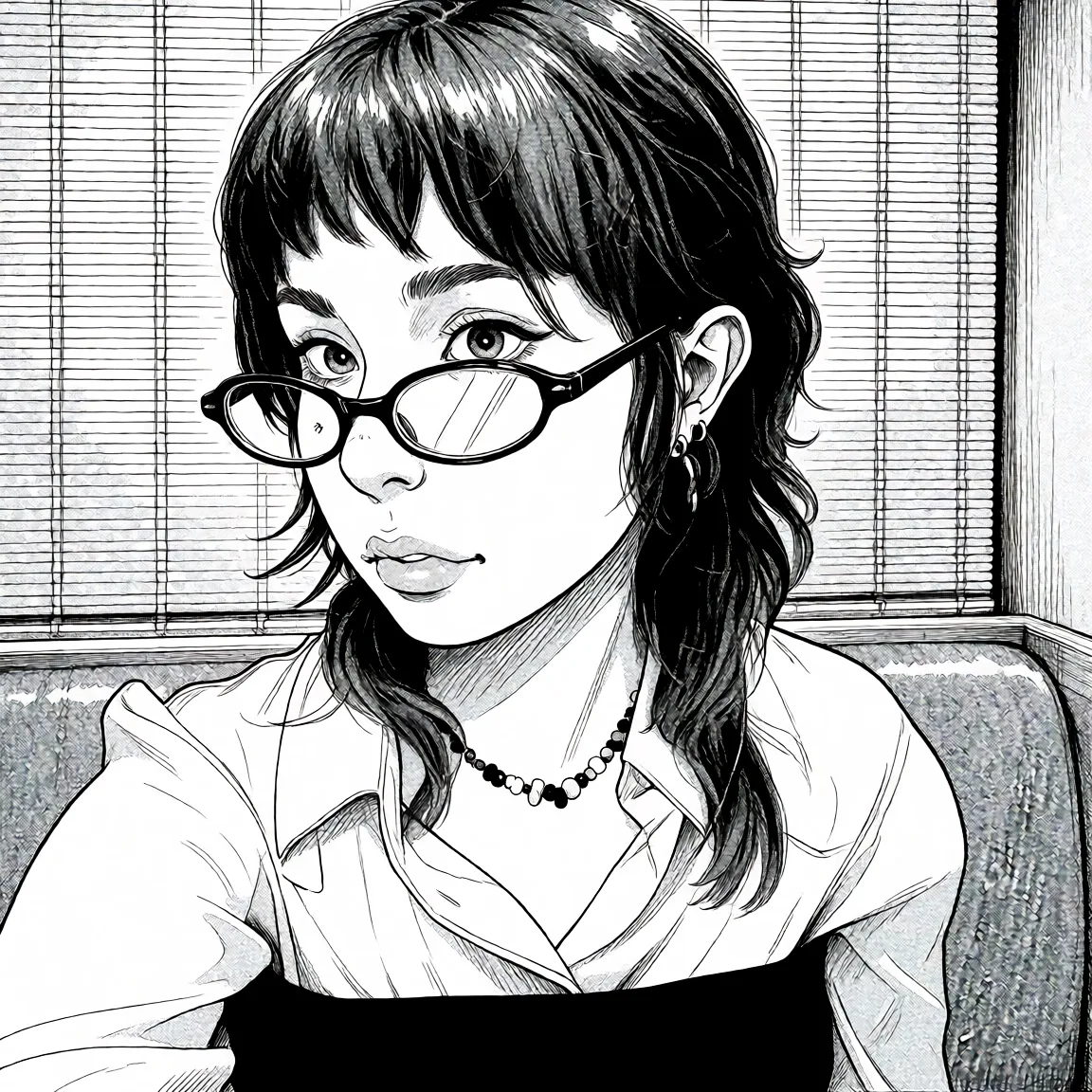 Redraw the entire picture as a black and white manga page: crisp black ink line art, no colour anywhere, flat halftone screentone shading, hatched shadows and clean white highlights, in the look of a printed manga panel. The background is drawn in the same style. Nothing in the frame keeps its photographic appearance. Above all, the picture must show: страница хентай манги где ее ебут в разных позах.