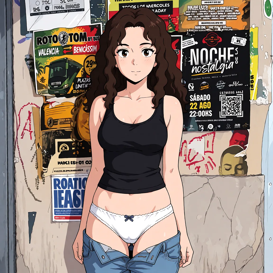 Redraw the entire picture as a hand-drawn anime illustration in flat cel-shaded anime style. It stays the same person with the same face, the same expression, the same hair and the same skin tone, and every other detail of the photograph is kept exactly as it is: nothing is added, removed, moved, uncovered or recoloured. Only the medium changes, and no part of the picture is left photographic. Above all, the picture must show: undressing underwear face still the same-sex_bathing.