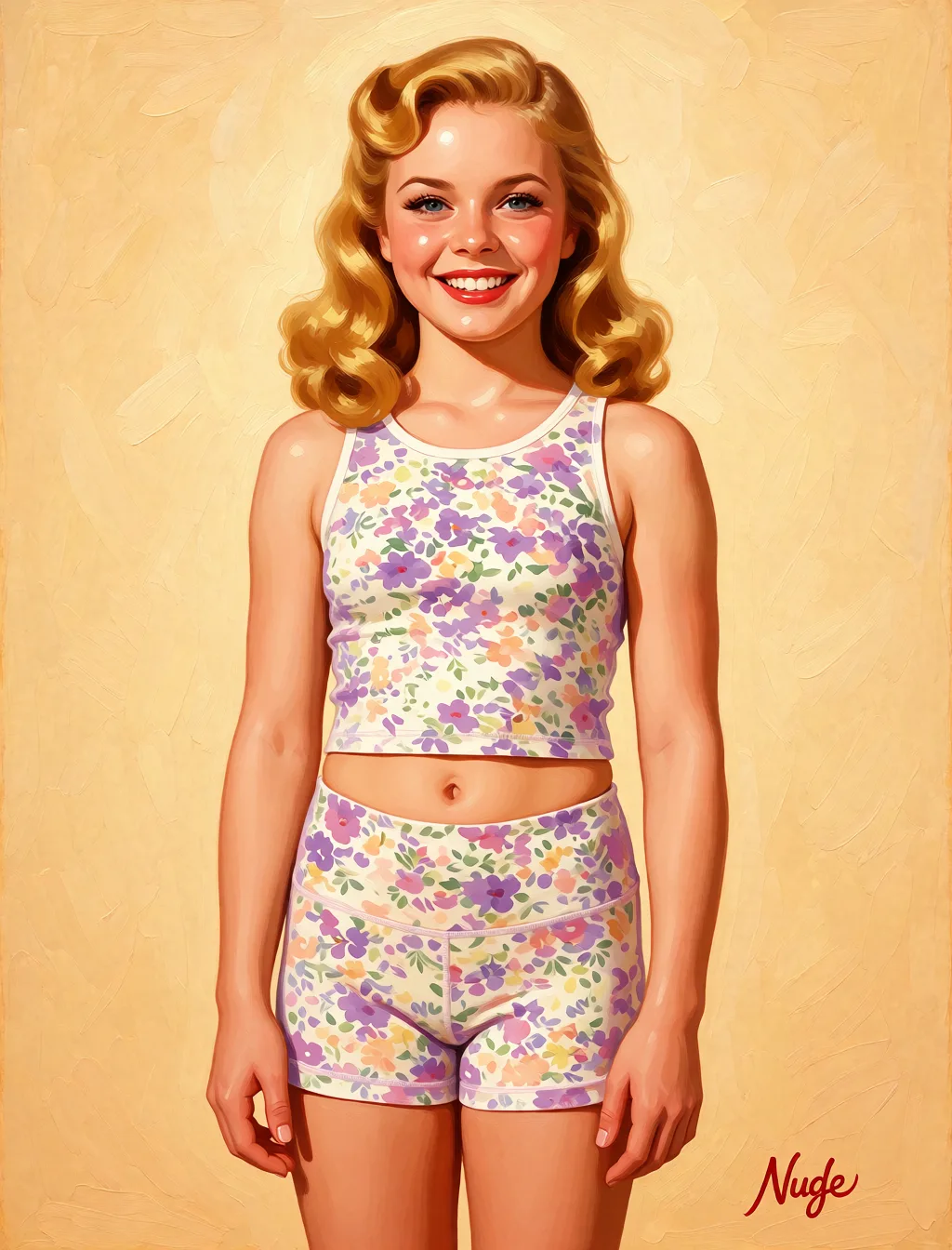 Redraw the entire picture as a retro pin-up illustration: smooth airbrushed gouache paint, warm saturated mid-century colour, clean confident outlines and glamorous stylised features, in the look of a 1950s pin-up poster. The background is painted in the same style. Nothing in the frame keeps its photographic appearance. Above all, the picture must show: Nude.