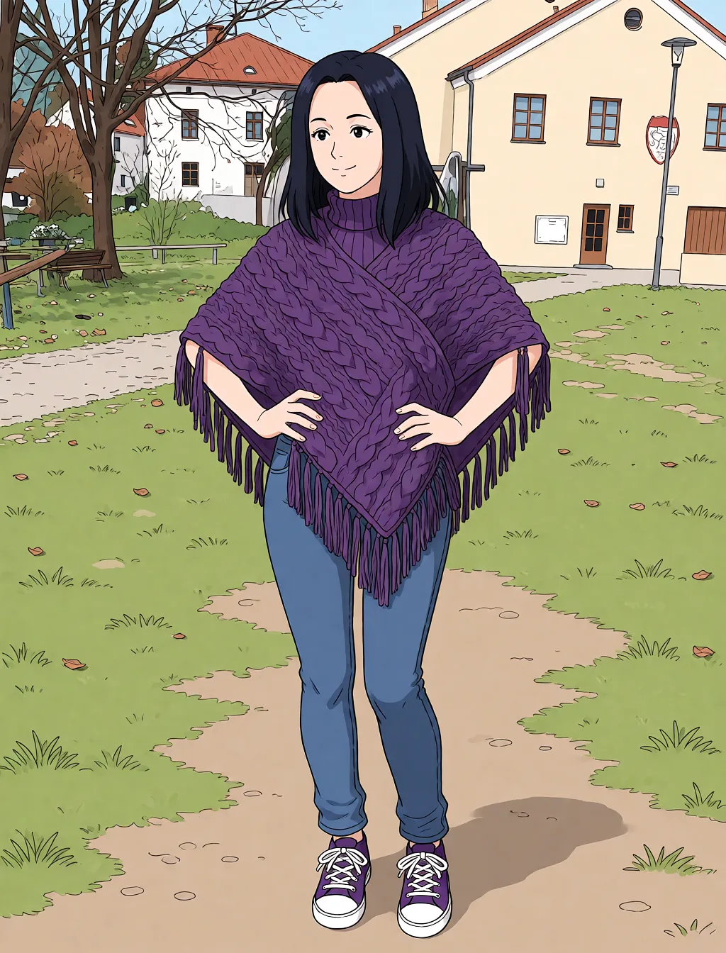 Redraw the entire picture as a hand-drawn anime illustration in flat cel-shaded anime style. It stays the same person with the same face, the same expression, the same hair and the same skin tone, and every other detail of the photograph is kept exactly as it is: nothing is added, removed, moved, uncovered or recoloured. Only the medium changes, and no part of the picture is left photographic. Above all, the picture must show: Undress her full body.