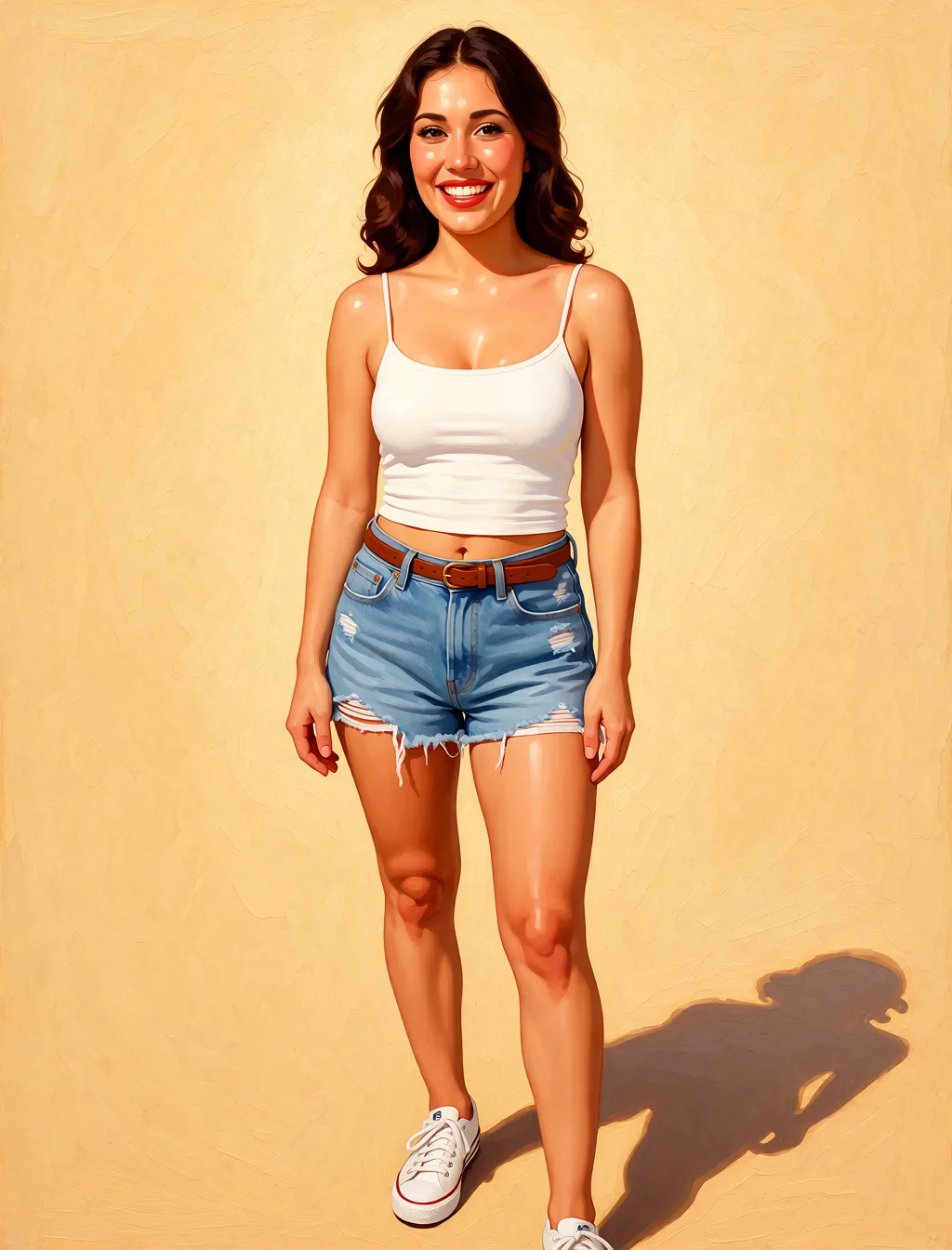 Redraw the entire picture as a retro pin-up illustration: smooth airbrushed gouache paint, warm saturated mid-century colour, clean confident outlines and glamorous stylised features, in the look of a 1950s pin-up poster. The background is painted in the same style. Nothing in the frame keeps its photographic appearance. Above all, the picture must show: Nude. Sassy.
