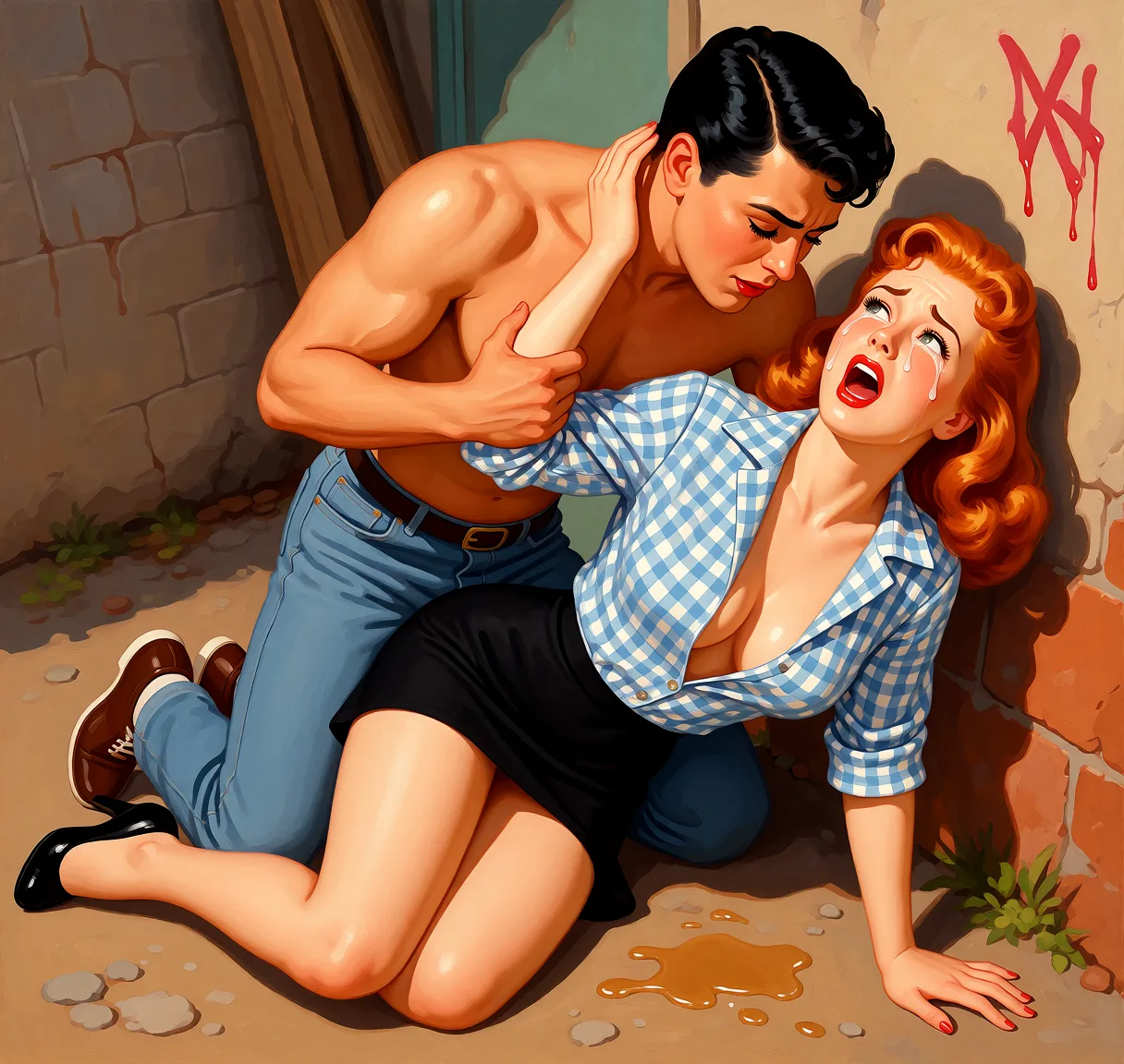 Redraw the entire picture as a retro pin-up illustration: smooth airbrushed gouache paint, warm saturated mid-century colour, clean confident outlines and glamorous stylised features, in the look of a 1950s pin-up poster. The background is painted in the same style. Nothing in the frame keeps its photographic appearance. Above all, the picture must show: woman crying.