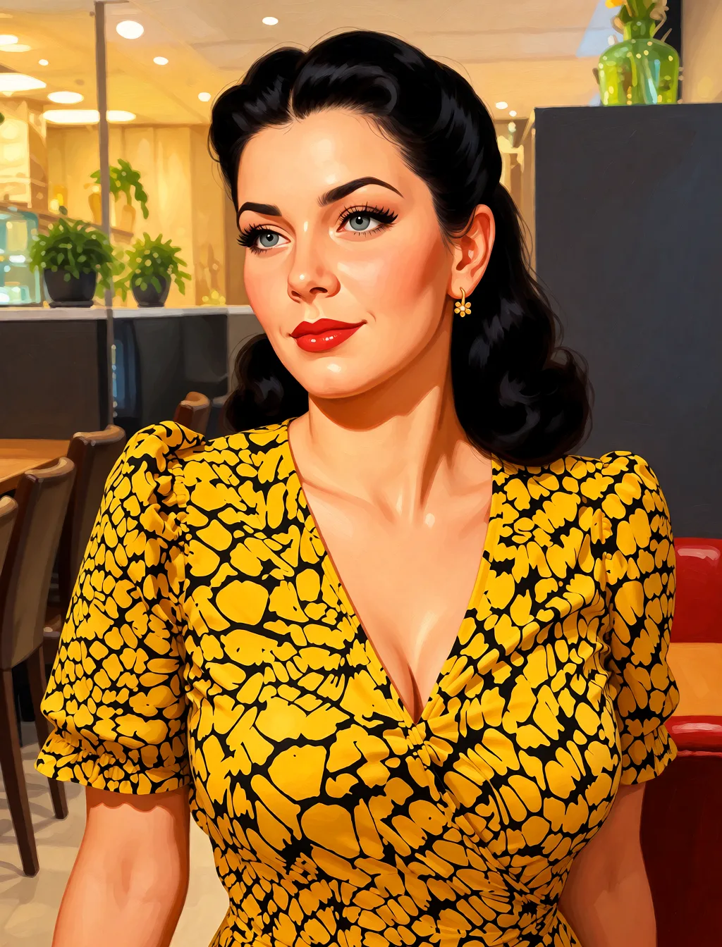 Redraw the entire picture as a retro pin-up illustration: smooth airbrushed gouache paint, warm saturated mid-century colour, clean confident outlines and glamorous stylised features, in the look of a 1950s pin-up poster. The background is painted in the same style. Nothing in the frame keeps its photographic appearance. Above all, the picture must show: sex_from_behind.