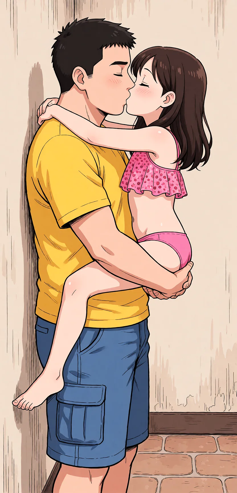 Redraw the entire picture as a hand-drawn anime illustration in flat cel-shaded anime style. It stays the same person with the same face, the same expression, the same hair and the same skin tone, and every other detail of the photograph is kept exactly as it is: nothing is added, removed, moved, uncovered or recoloured. Only the medium changes, and no part of the picture is left photographic. Above all, the picture must show: Pick her up, she wraps her legs around him, French kissing.